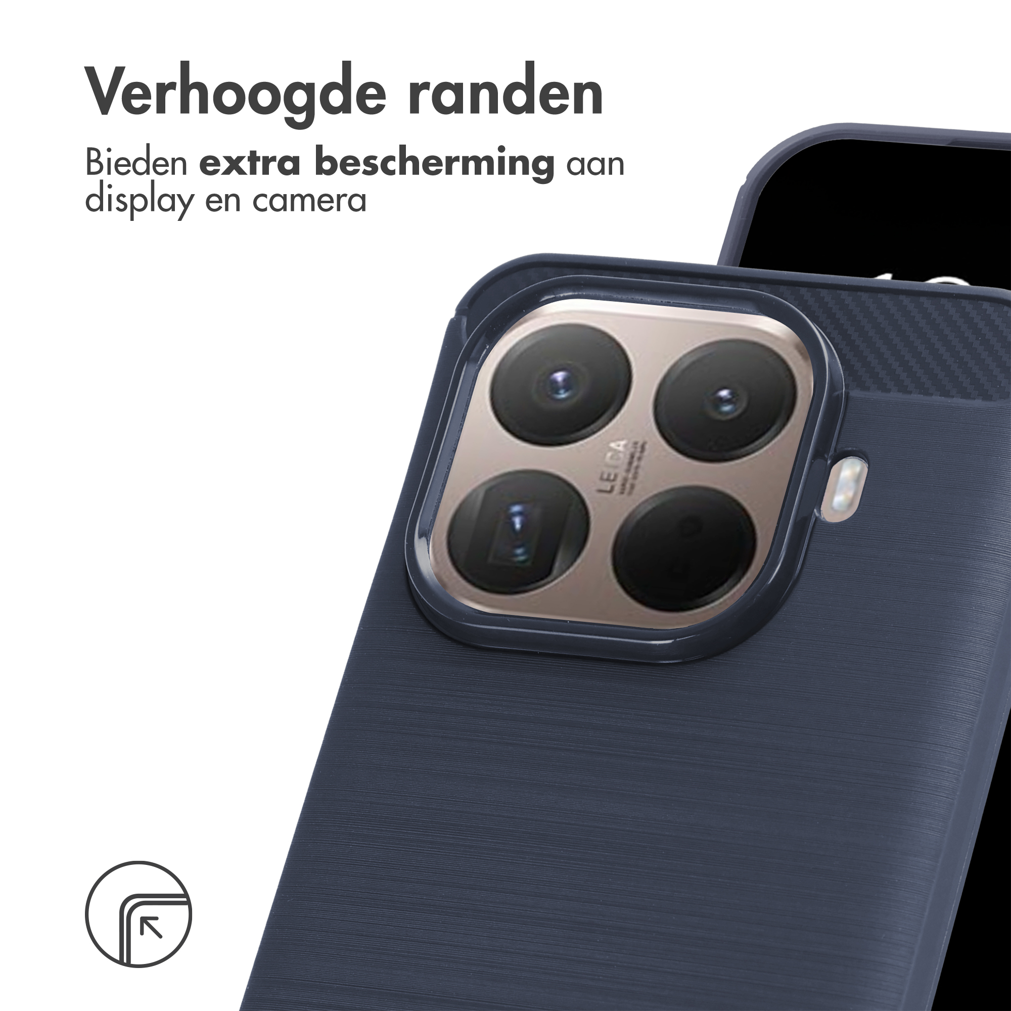 Donkerblauw telefoonhoesje met verhoogde randen voor camerabescherming.