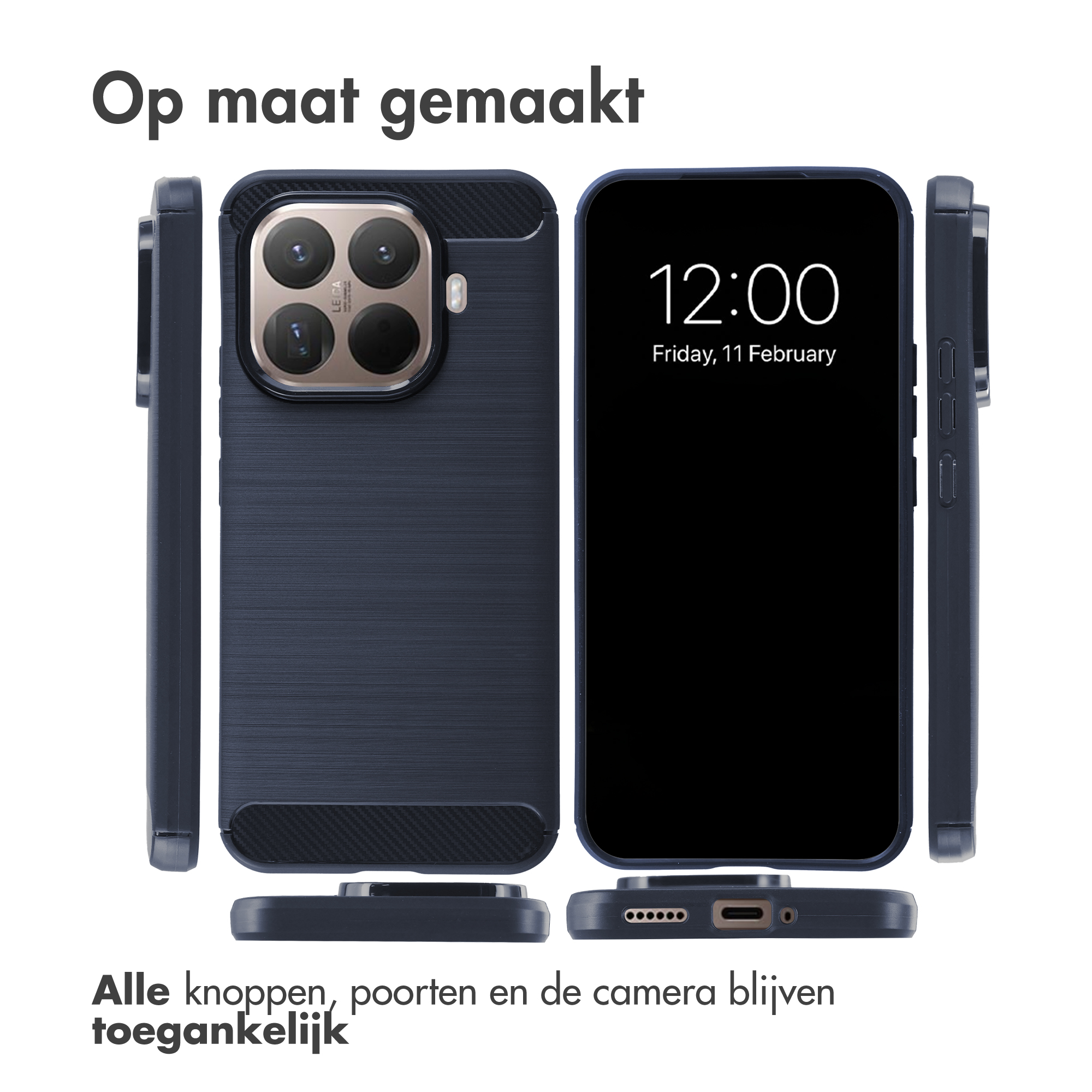 Donkerblauw telefoonhoesje, vanuit meerdere hoeken getoond.