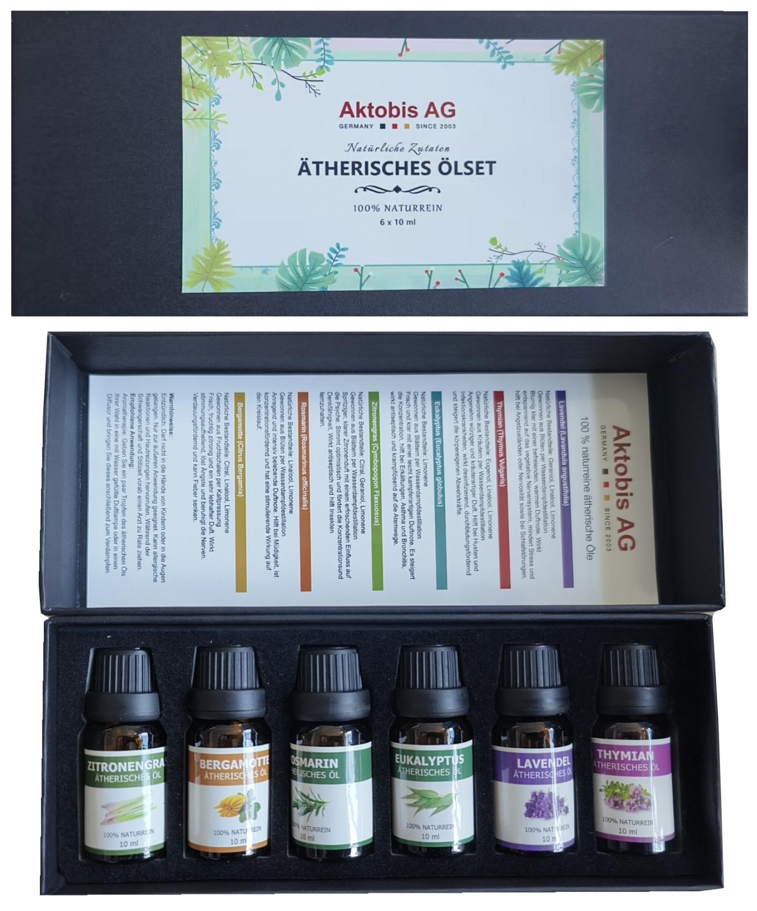 Ein Set ätherischer Öle von Aktobis AG mit sechs 10-ml-Flaschen.