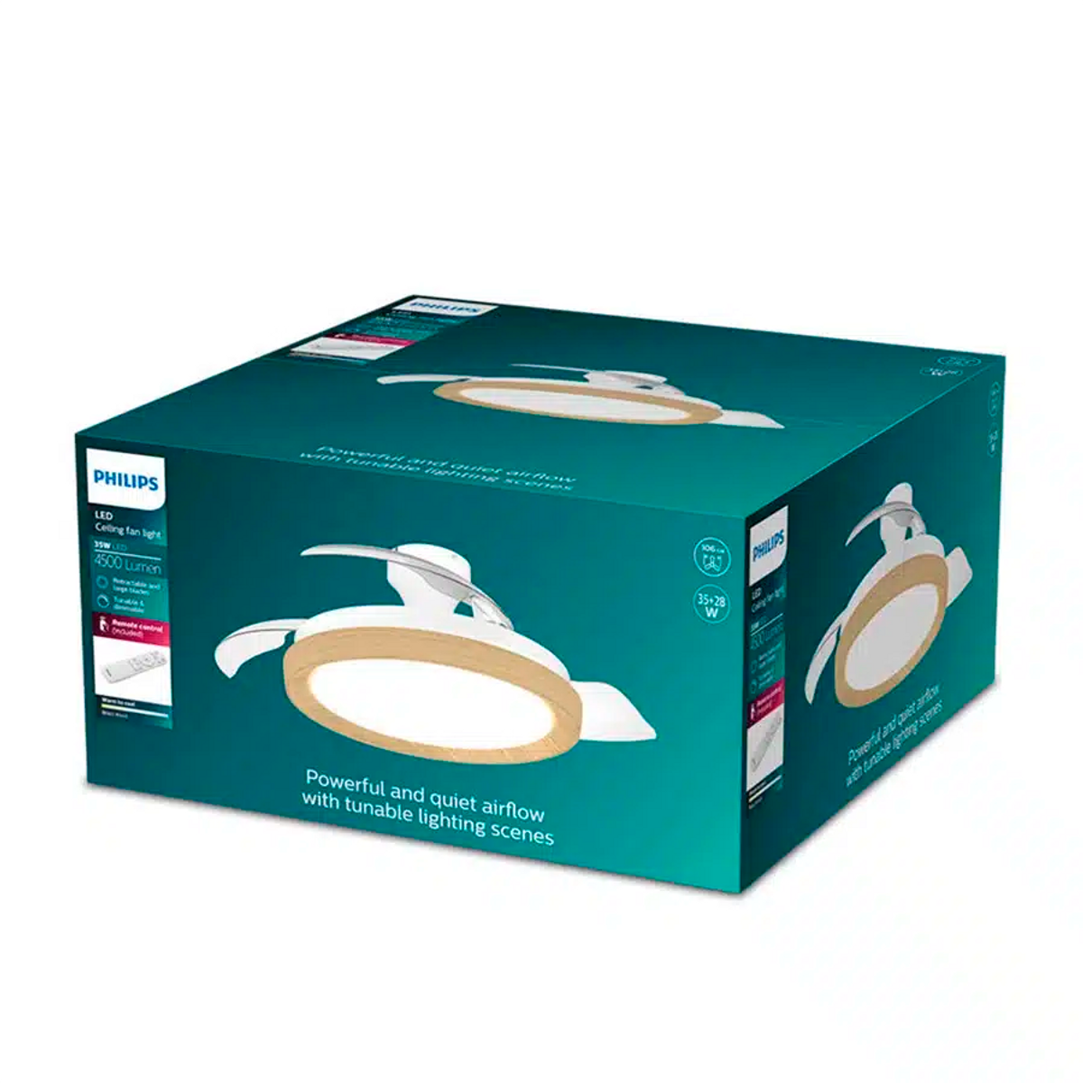 Embalaje de una lámpara ventilador de techo LED Philips con mando a distancia.