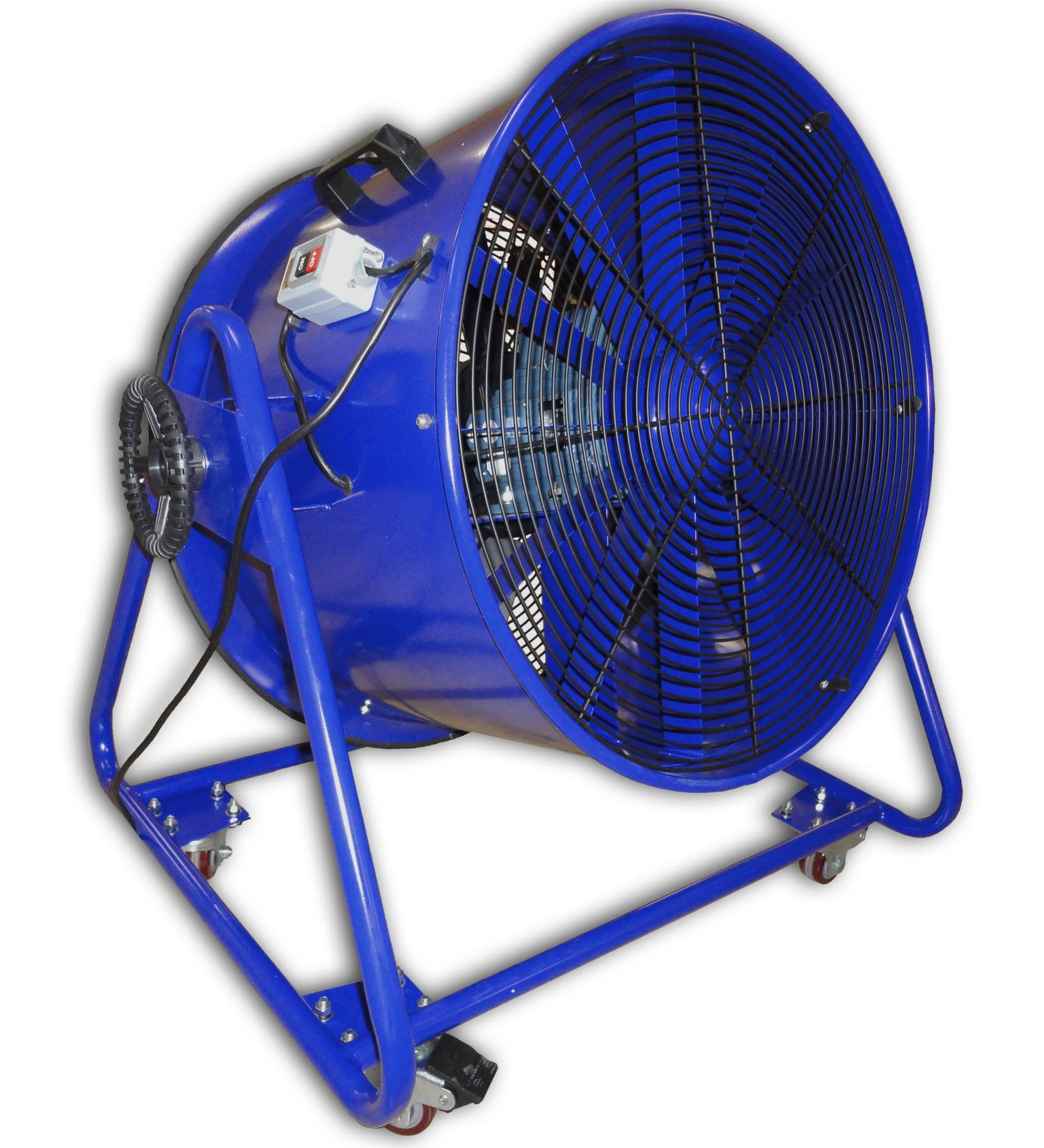 Ein großer, blauer Hochleistungsventilator mit Rädern und Griffen.