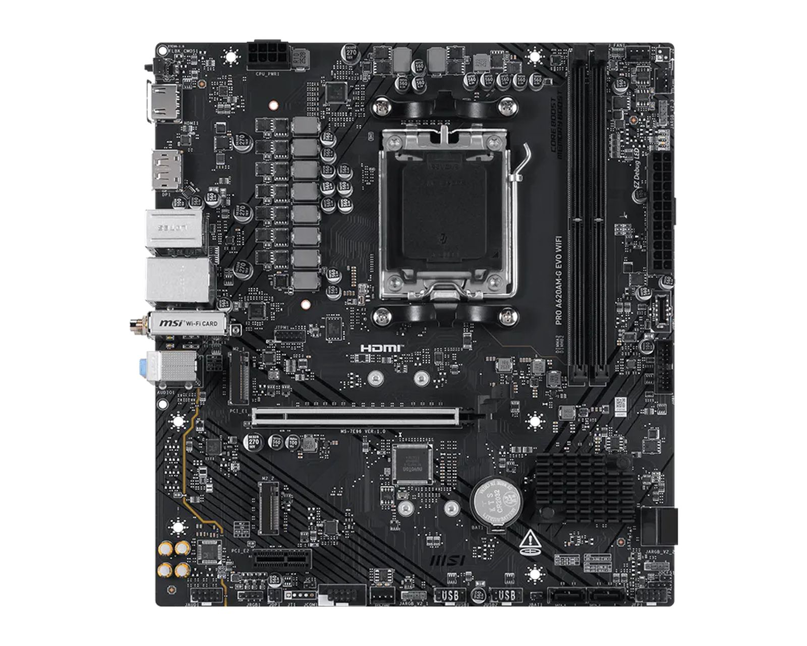 A black motherboard with a CPU socket, RAM slots, and connectors.