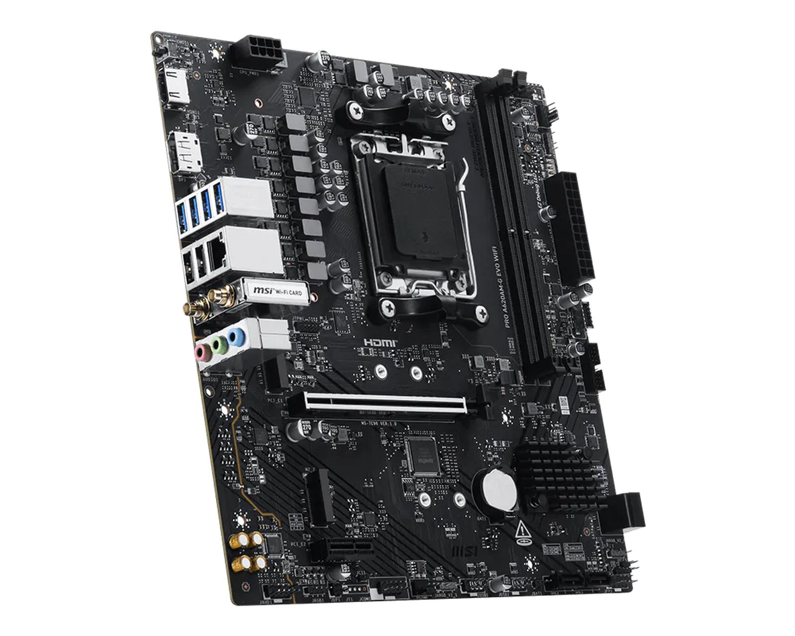 Black motherboard with ports, CPU socket, and RAM slots.