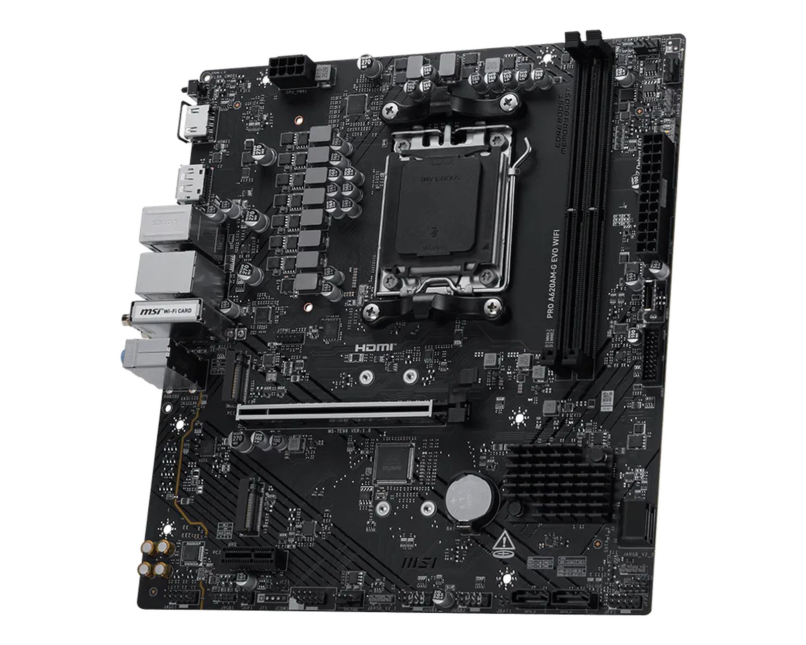 Black MSI PRO A620AM-G EVO WIFI motherboard with CPU socket, RAM slots, and ports.