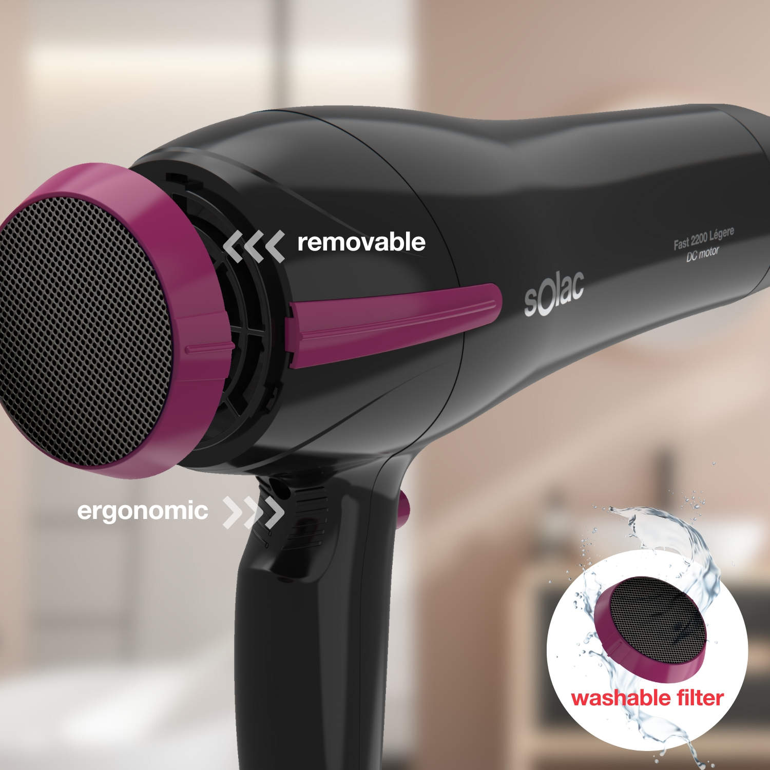 Secador de pelo negro con filtro extraíble y lavable y diseño ergonómico.