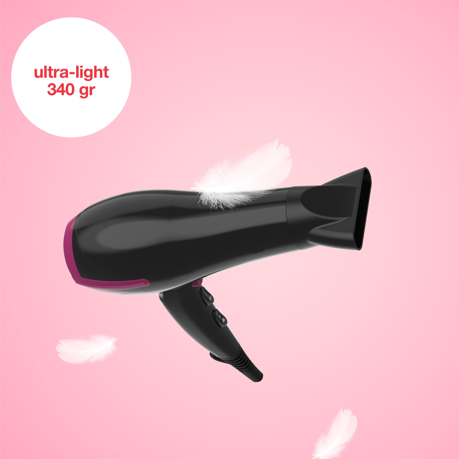 Secador de pelo negro con detalles rosas y plumas, 340g.