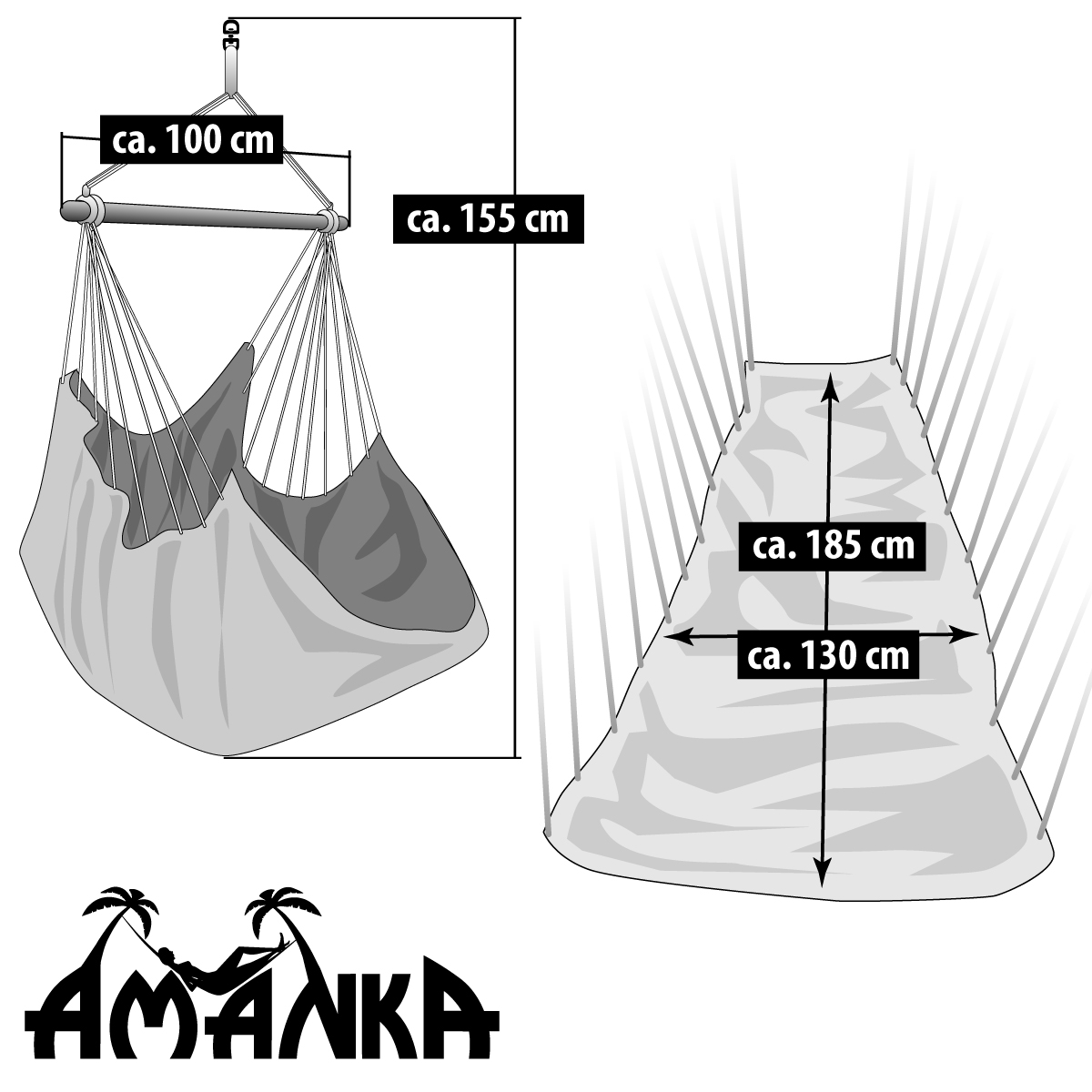 Illustration einer Hängeschaukel mit Maßen: 100 cm Breite, 155 cm Höhe, 185 cm Länge, 130 cm Breite.