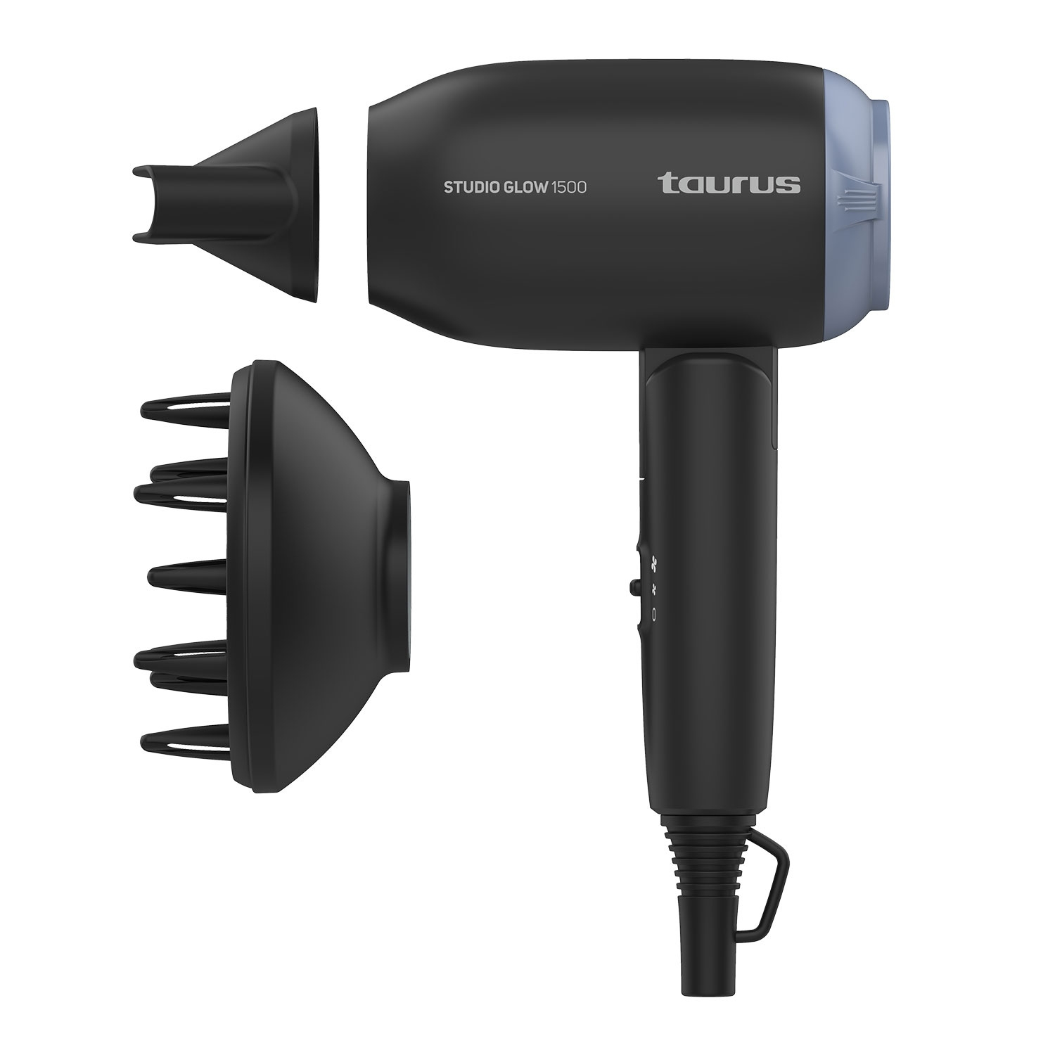 Secador de pelo negro con accesorios: difusor y boquilla. Marca: Taurus.