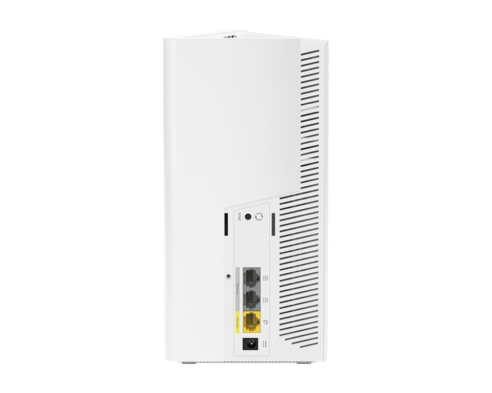Ein weißer Router mit Ethernet- und Internetanschlüssen auf der Rückseite.