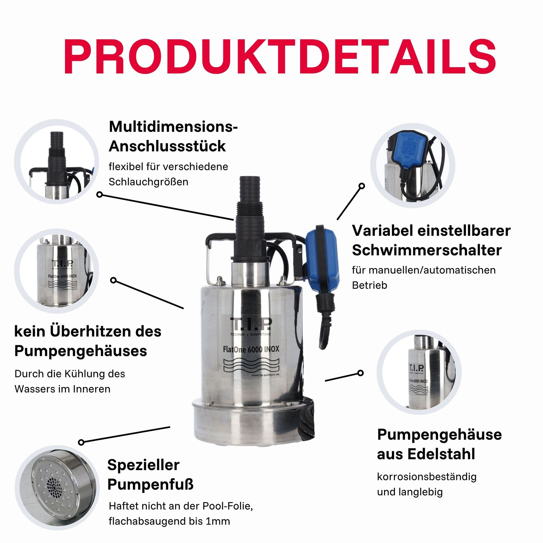 Produktdetails: Pumpe mit Anschlusstutzen, Schwimmerschalter, Pumpenfuß und Edelstahlgehäuse.