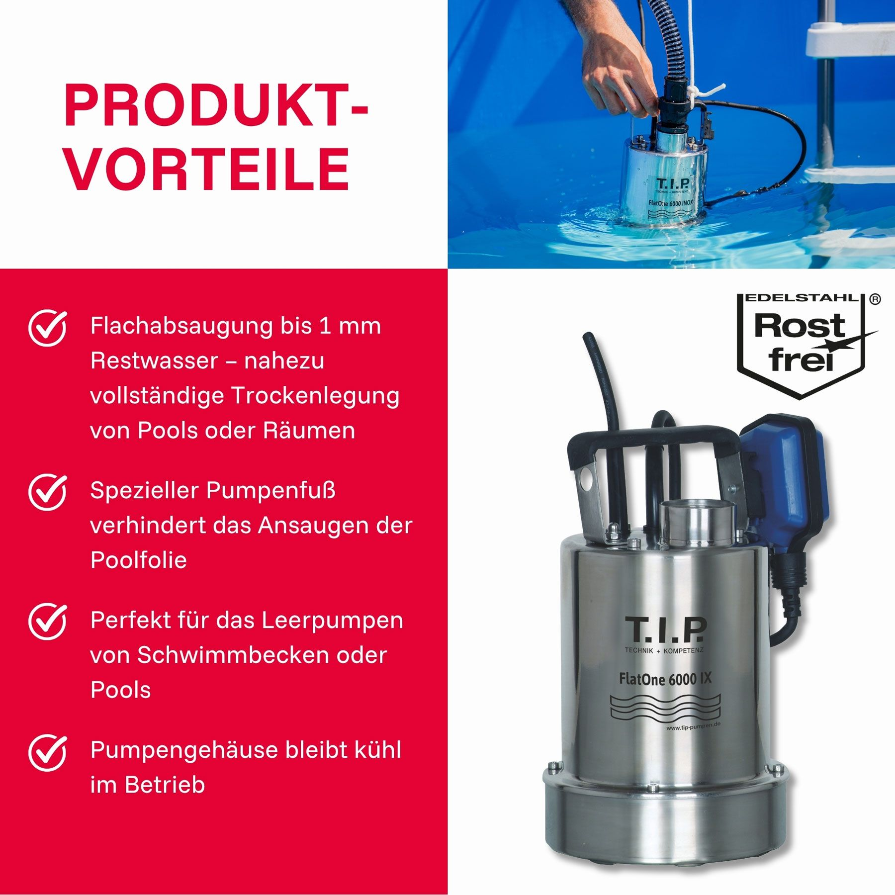 Edelstahl-Tauchpumpe mit Flachabsaugung bis 1 mm, speziellem Pumpenfuß.