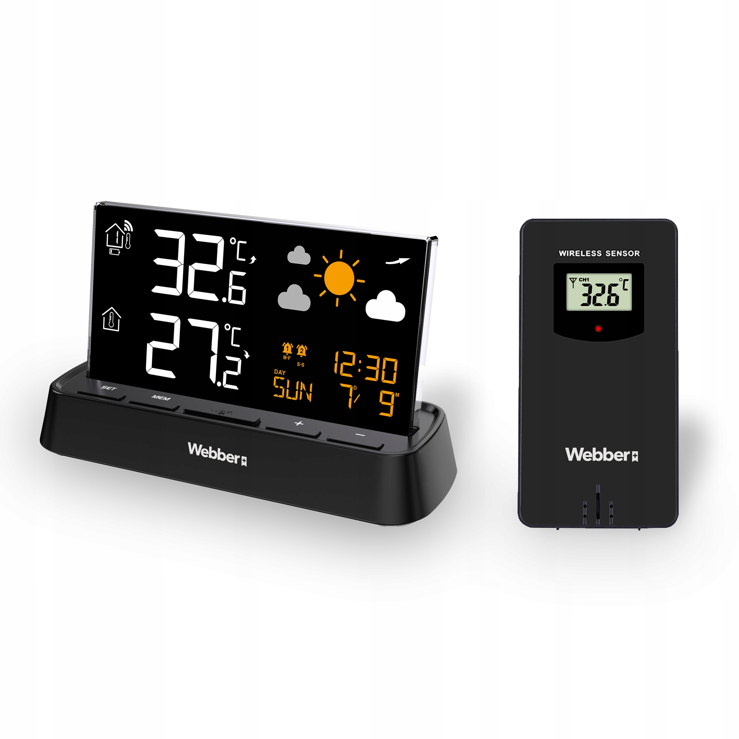 Czarny wyświetlacz stacji pogodowej pokazujący temperatury i ikony. Oddzielny czujnik.
