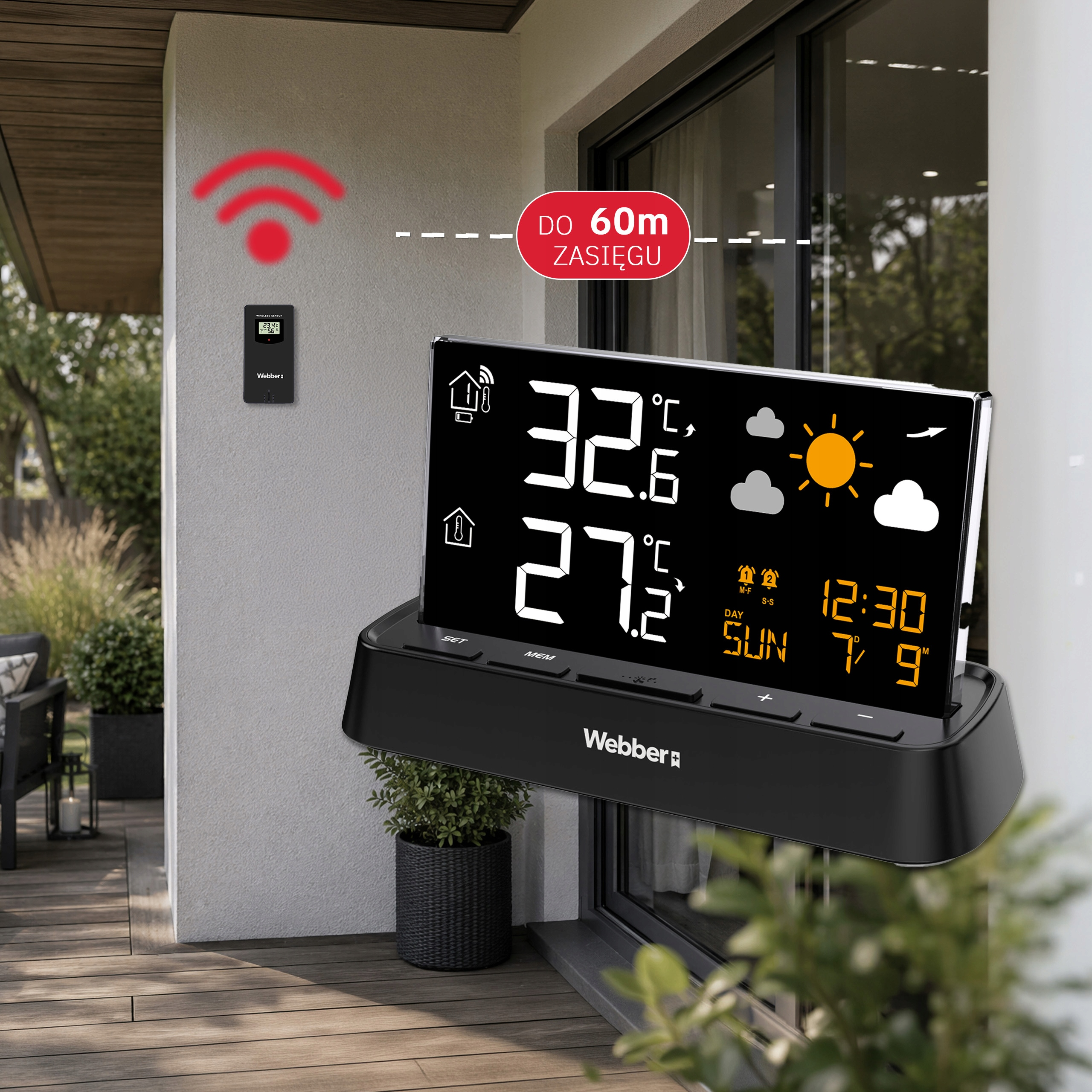 Czarny wyświetlacz stacji pogodowej pokazuje 32,6°C i 21,2°C. Zamontowany czujnik zewn.