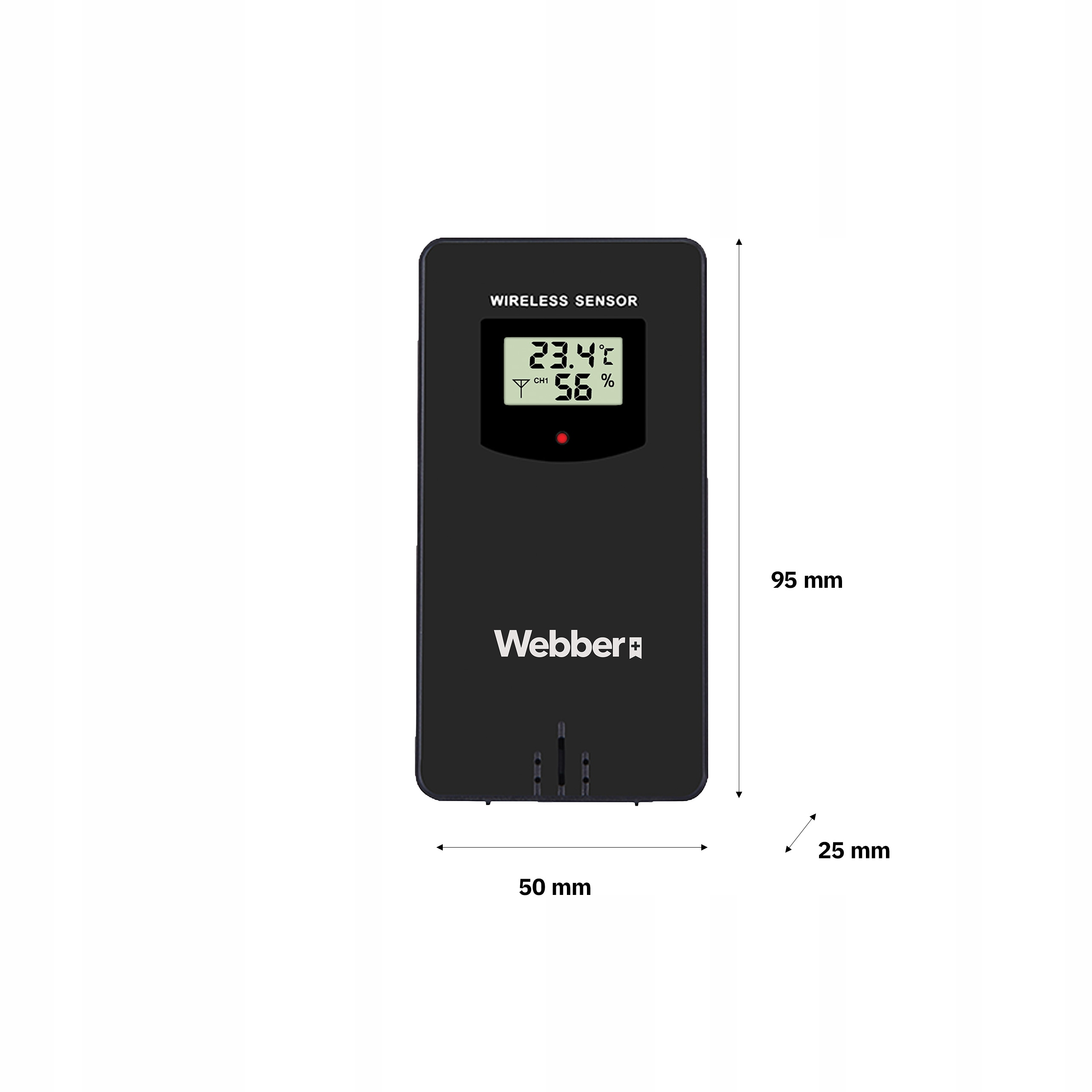 Czujnik bezprzewodowy czarny z wyświetlaczem LCD pokazującym 23,4°C i 56%.