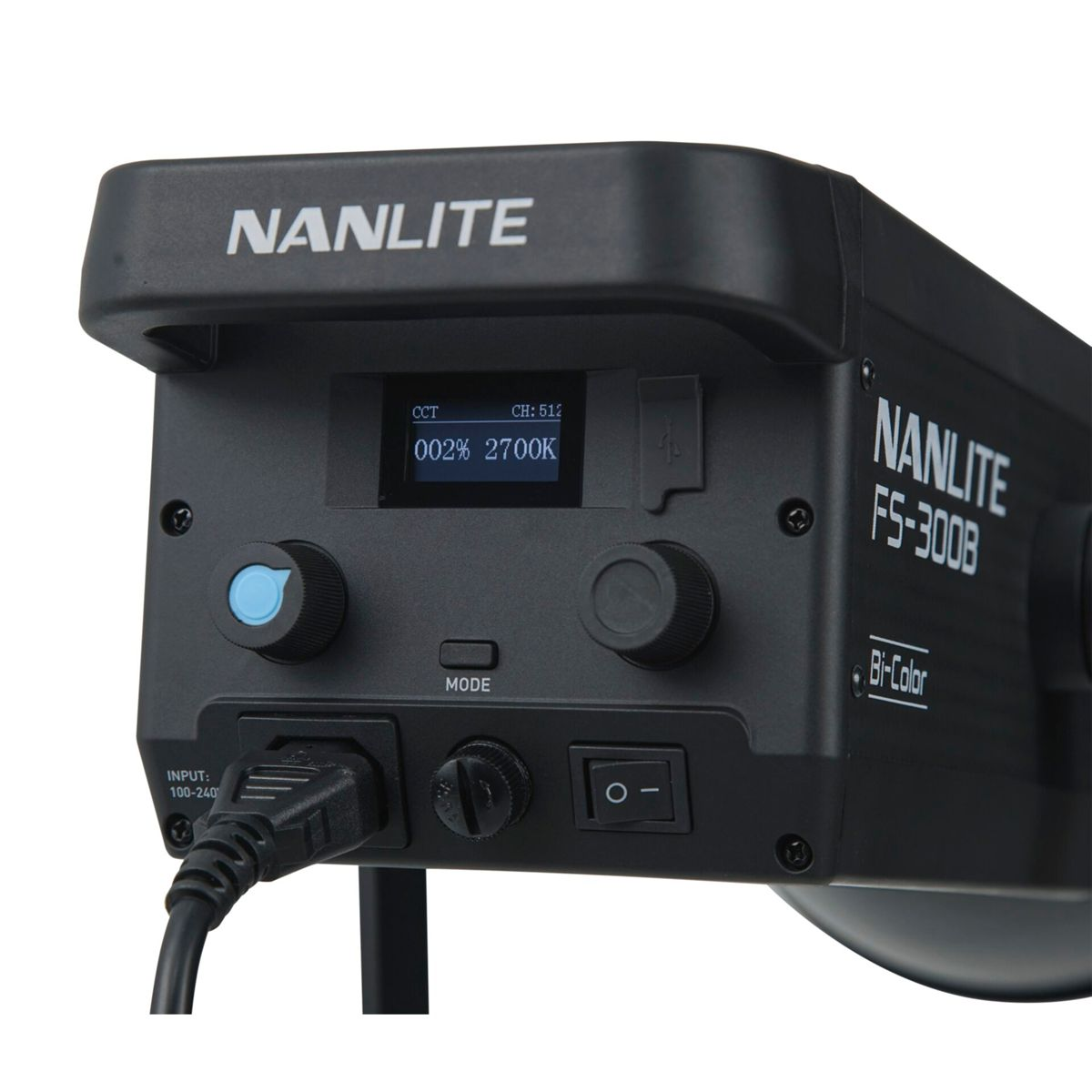 Nahaufnahme eines schwarzen Nanlite FS-300B Bi-Color LED-Lichts mit Bedienelementen.