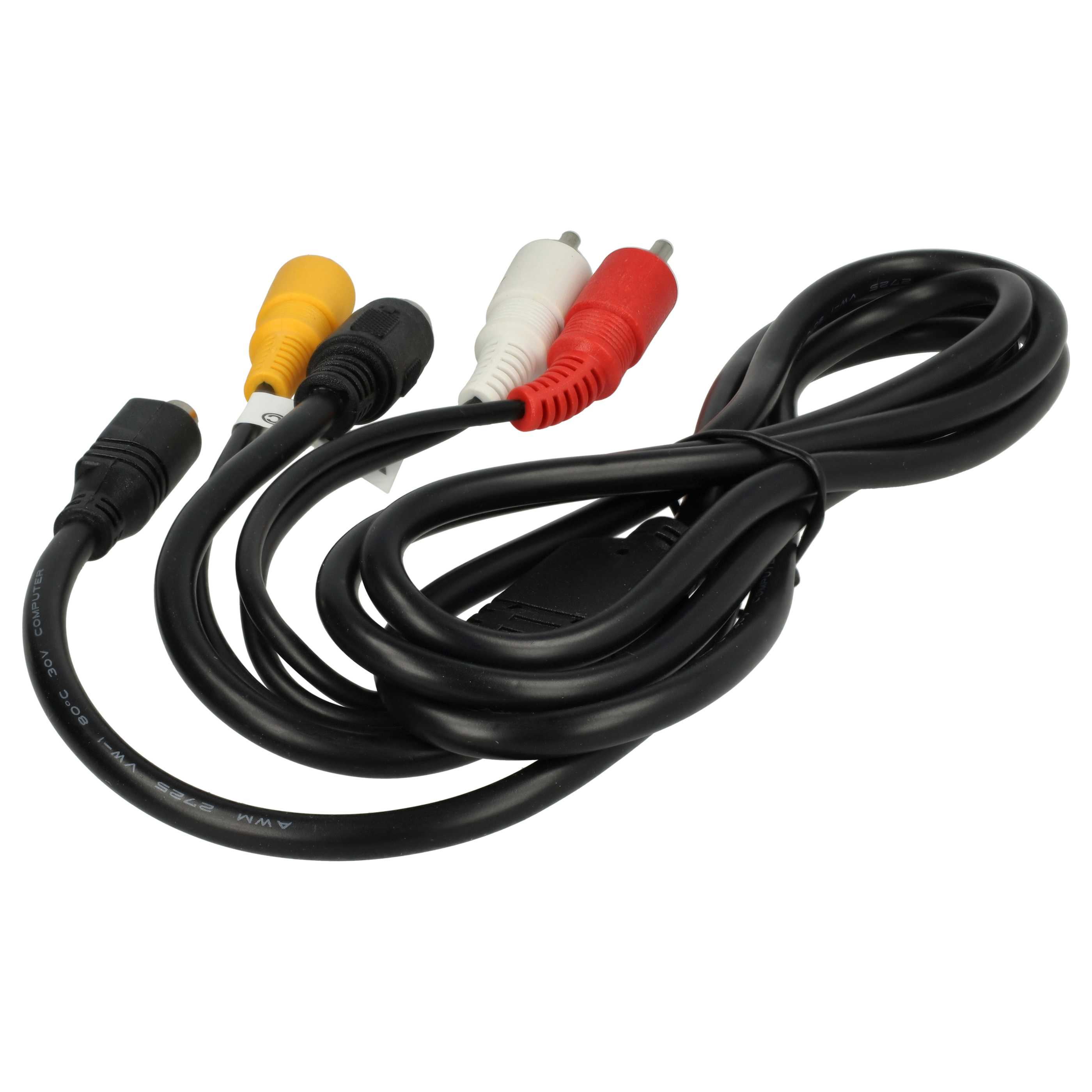 Schwarzes Audiokabel mit gelben, weißen und roten RCA-Steckern.