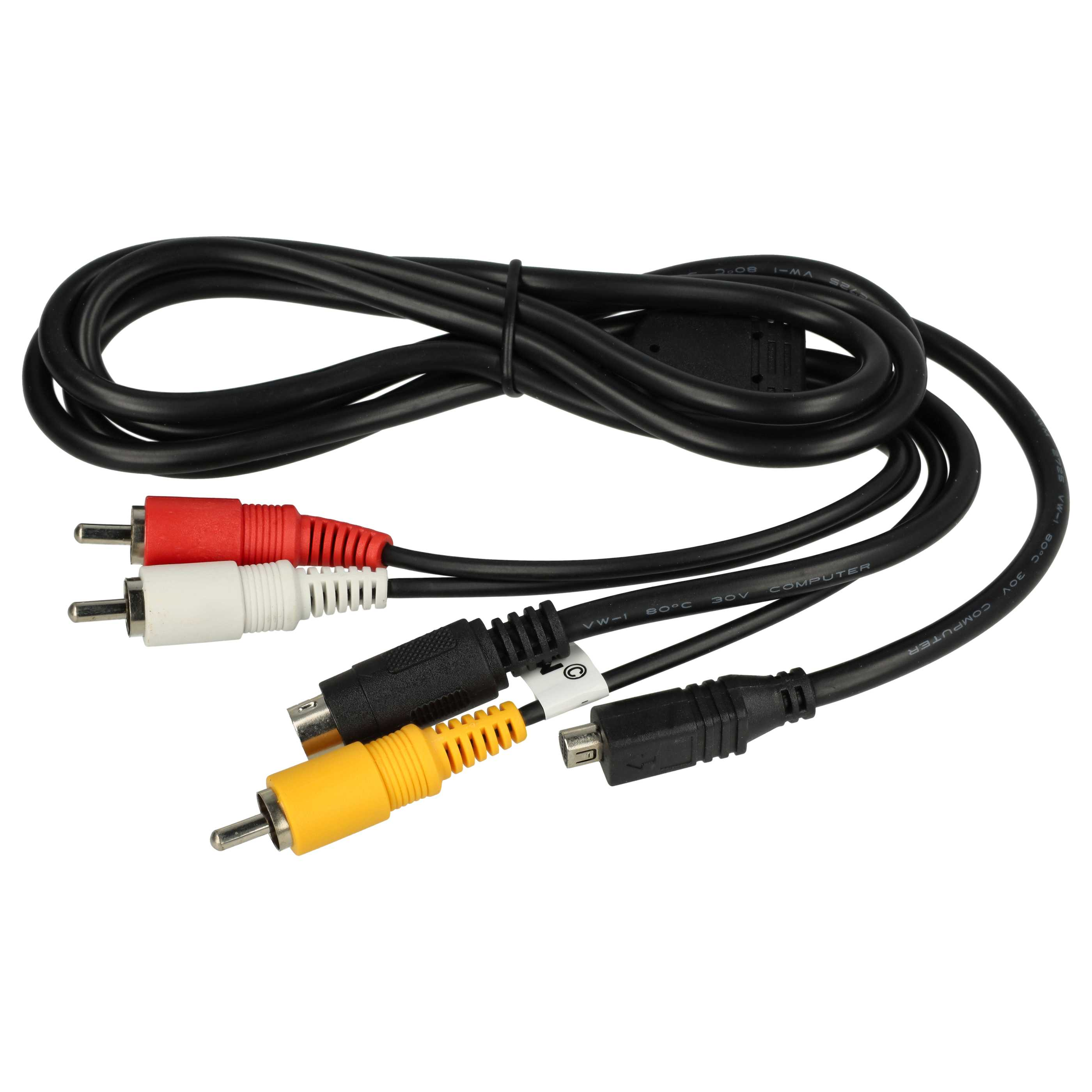 Ein schwarzes Kabel mit roten, weißen und gelben RCA-Steckern und einem Micro-USB-Stecker.