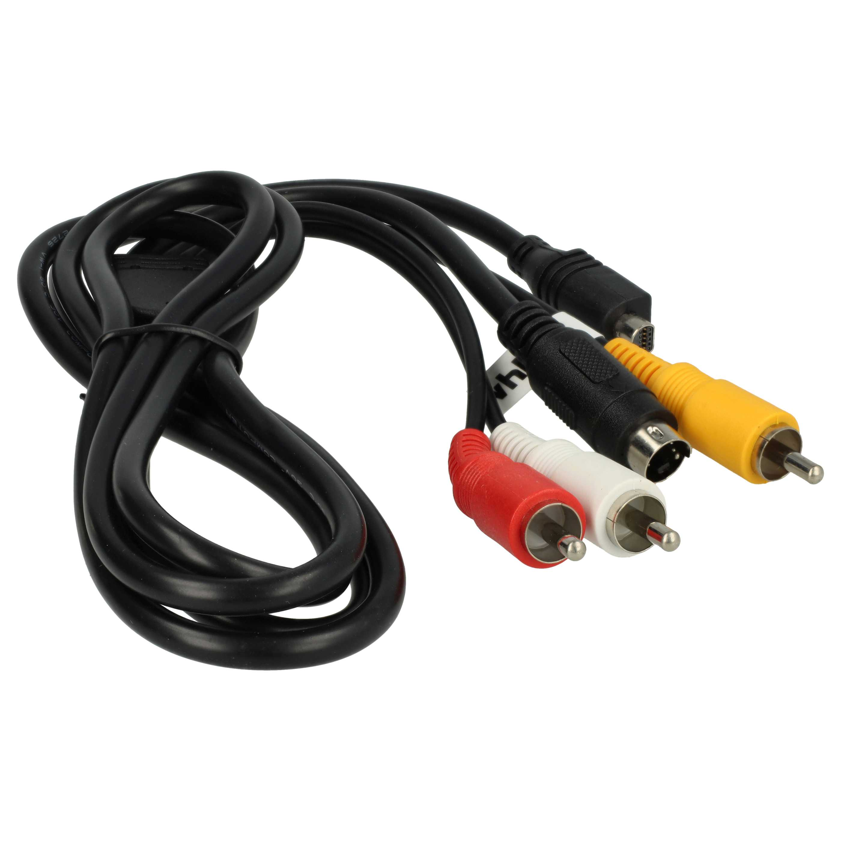 Schwarzes Kabel mit roten, weißen und gelben RCA-Steckern und einem S-Video-Stecker.