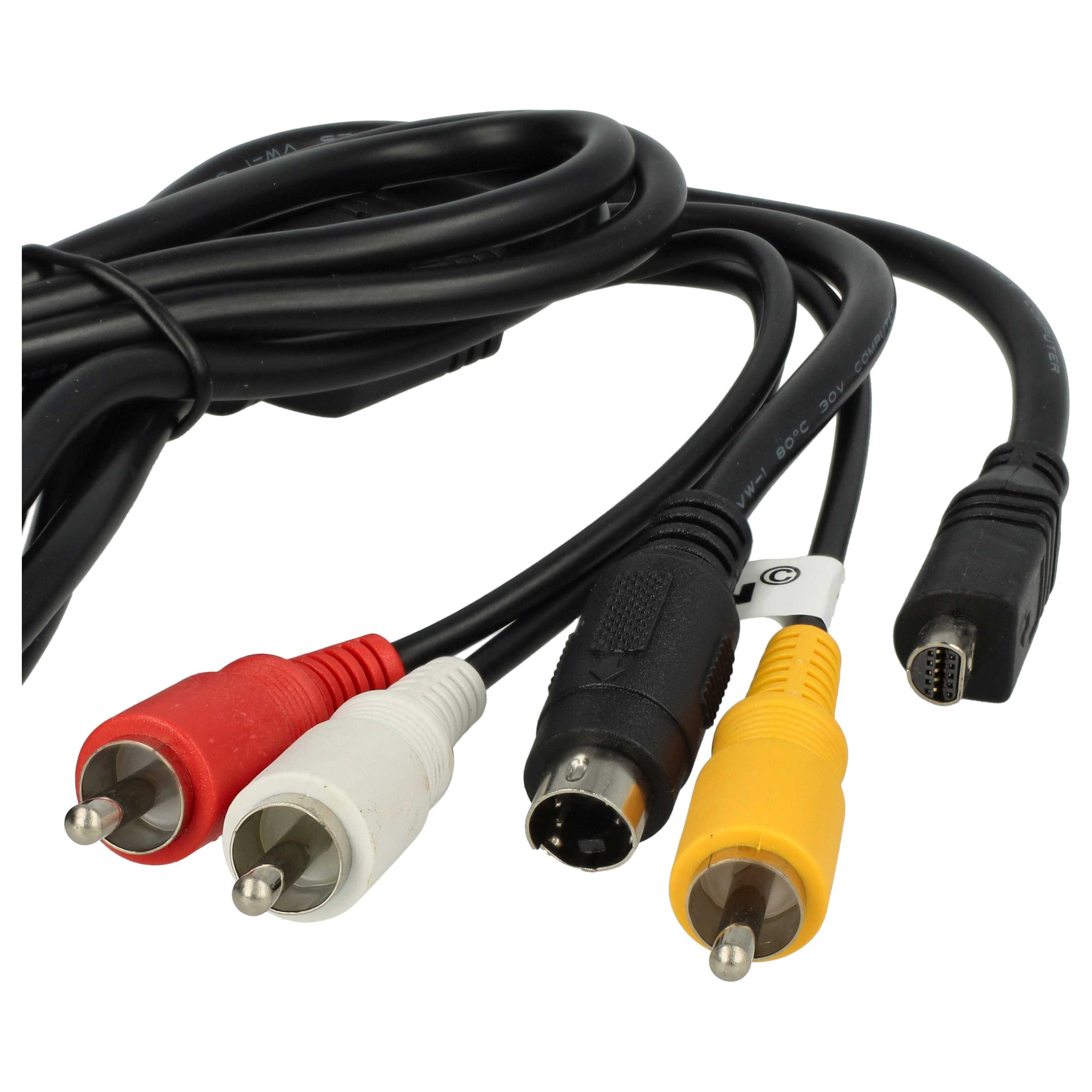 Schwarzes Kabel mit roten, weißen und gelben RCA-Steckern und einem S-Video-Stecker.