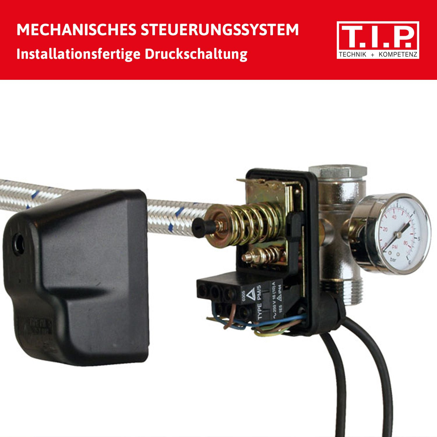 Ein mechanisches Steuerungssystem mit Druckschalter, Manometer und Kabel.
