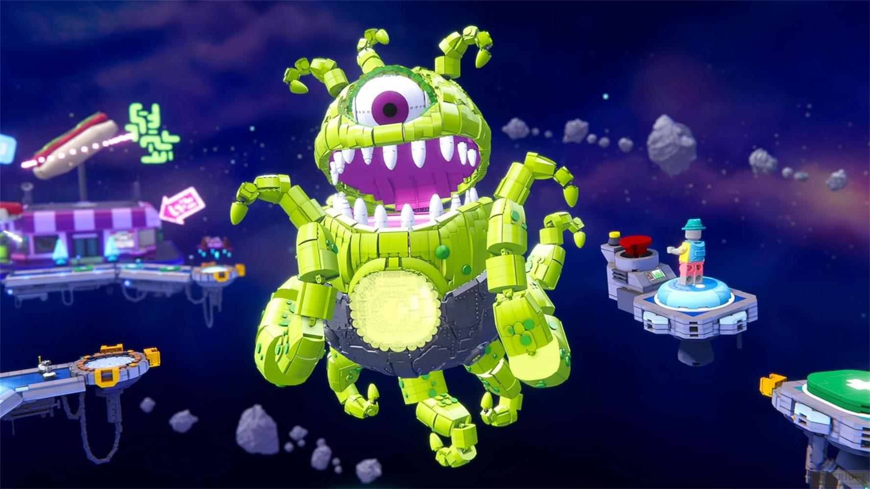 Ein gr&uuml;ner Lego-Monster mit einem Auge schwebt im Weltraum neben Plattformen.