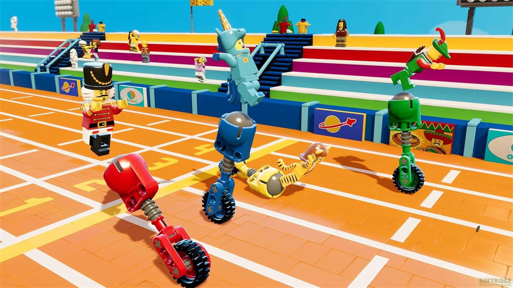 Lego-Figuren rasen auf Einrädern auf einer Strecke mit bunten Ständen. Ein Nussknacker führt an.