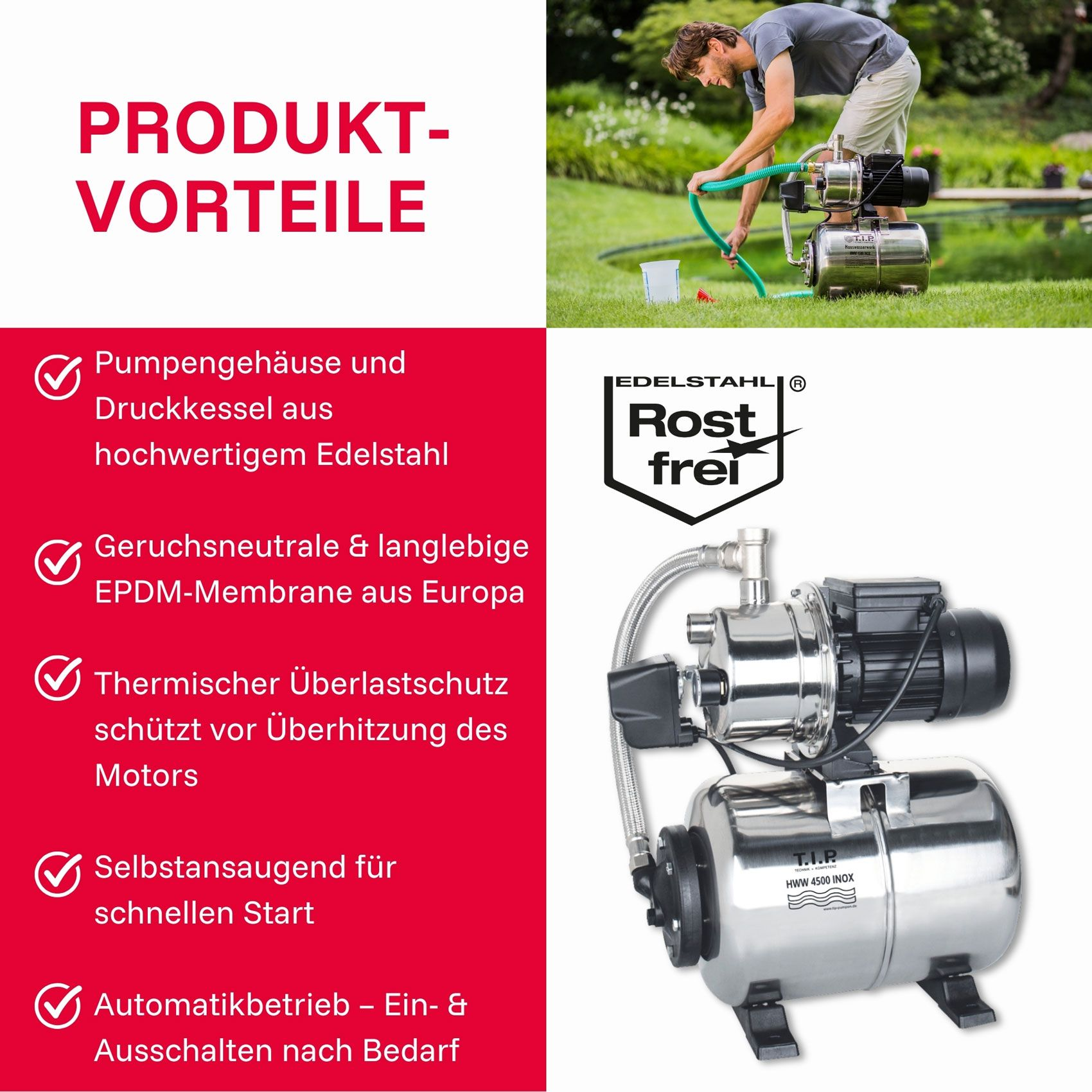 Mann mit Gartenschlauch neben Edelstahl-Wasserpumpe. Produktvorteile aufgelistet.