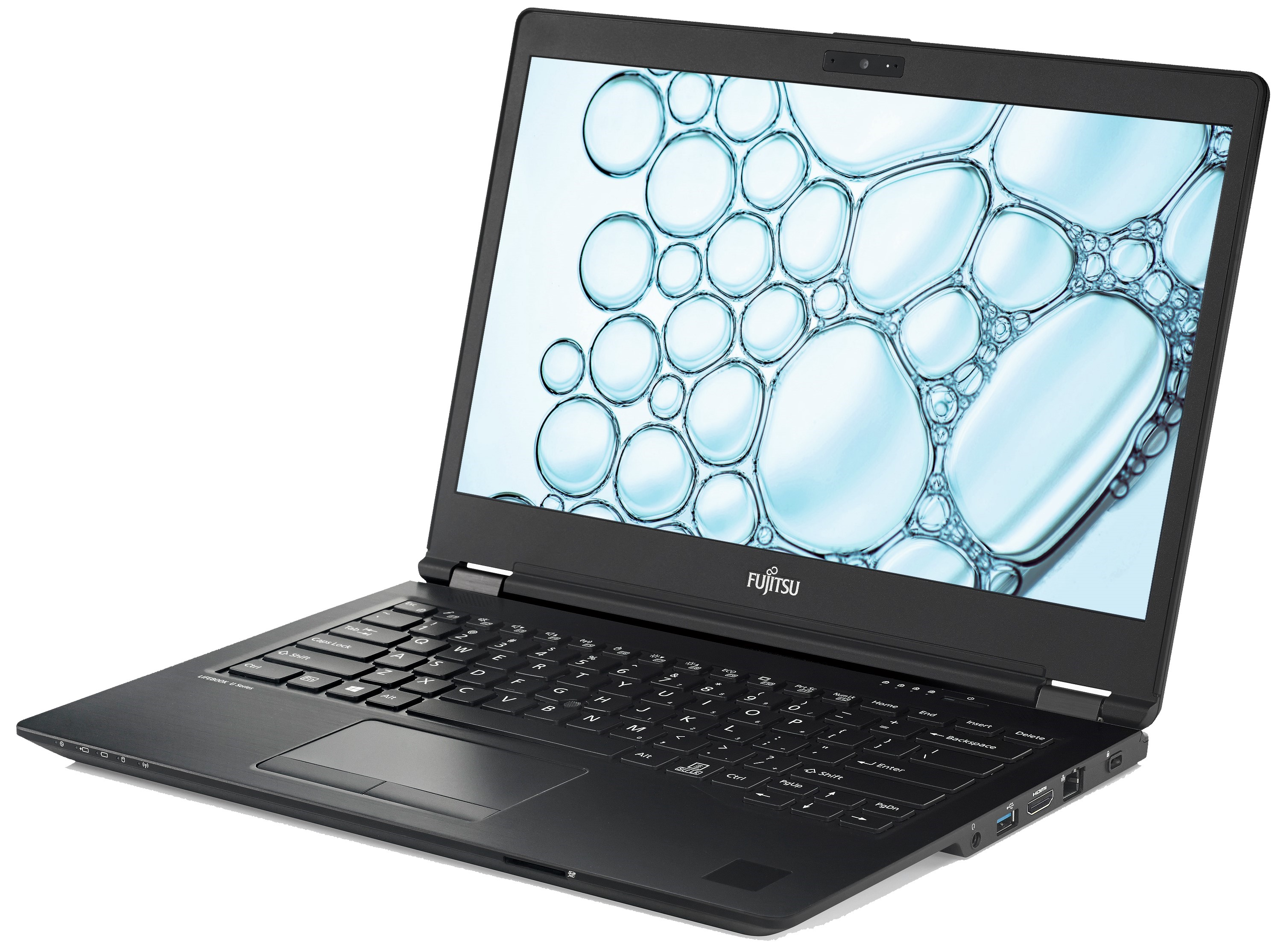 Ein schwarzer Fujitsu Laptop mit Blasenmuster auf dem Bildschirm.