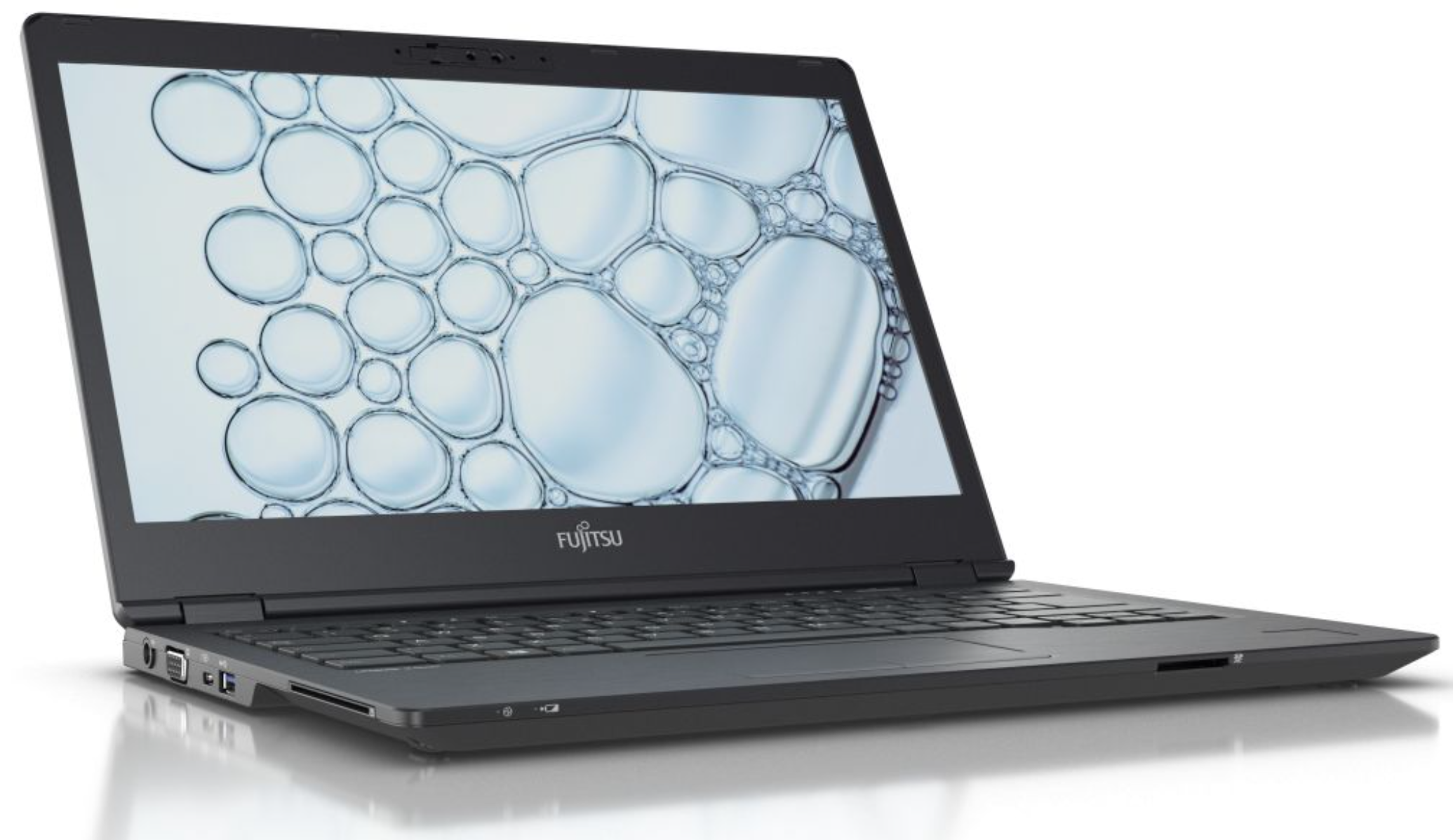 Ein dunkler Fujitsu Laptop mit einem Bildschirm voller klarer, runder Blasen.