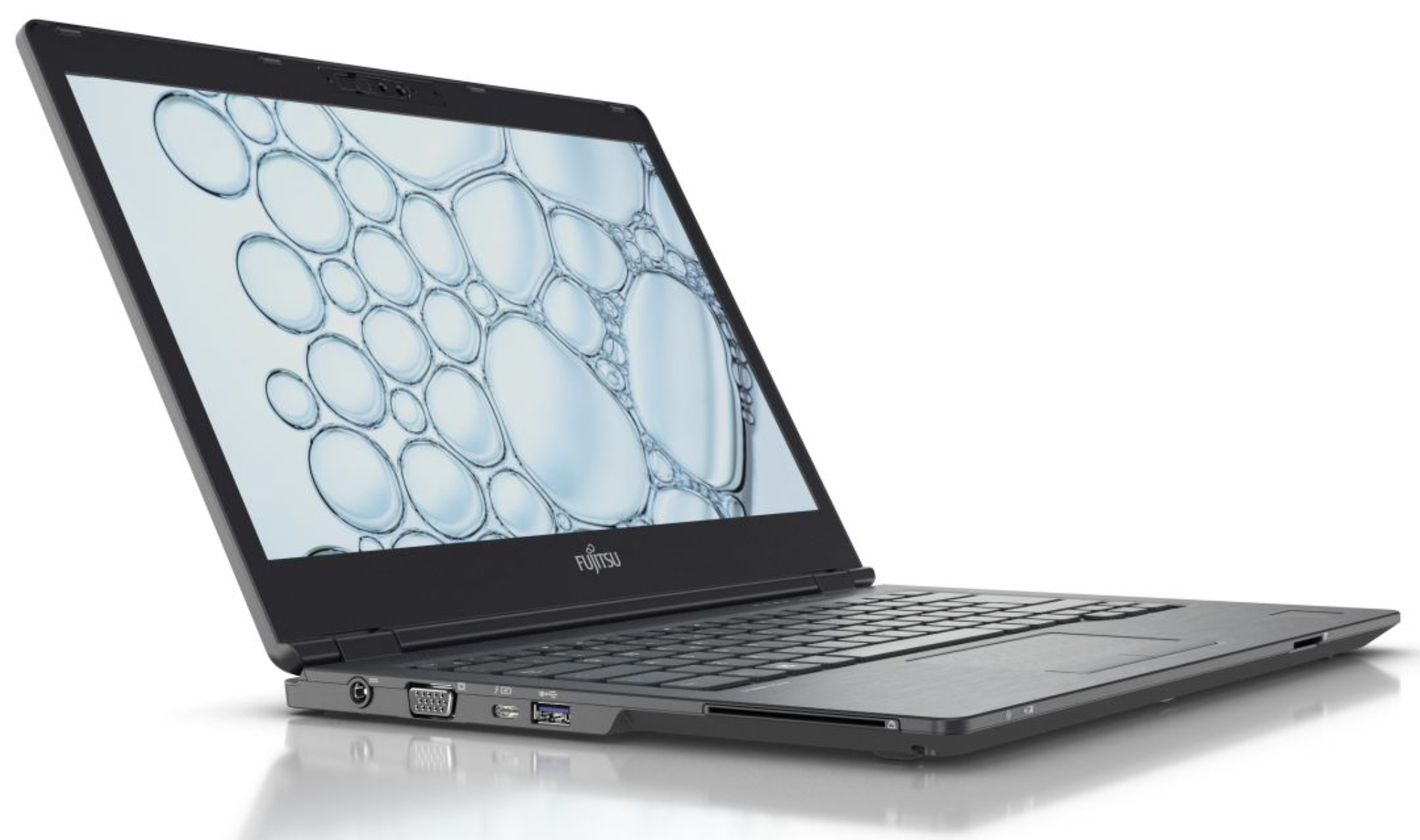 Ein geöffneter schwarzer Fujitsu-Laptop mit einem Desktop-Hintergrund aus Seifenblasen.