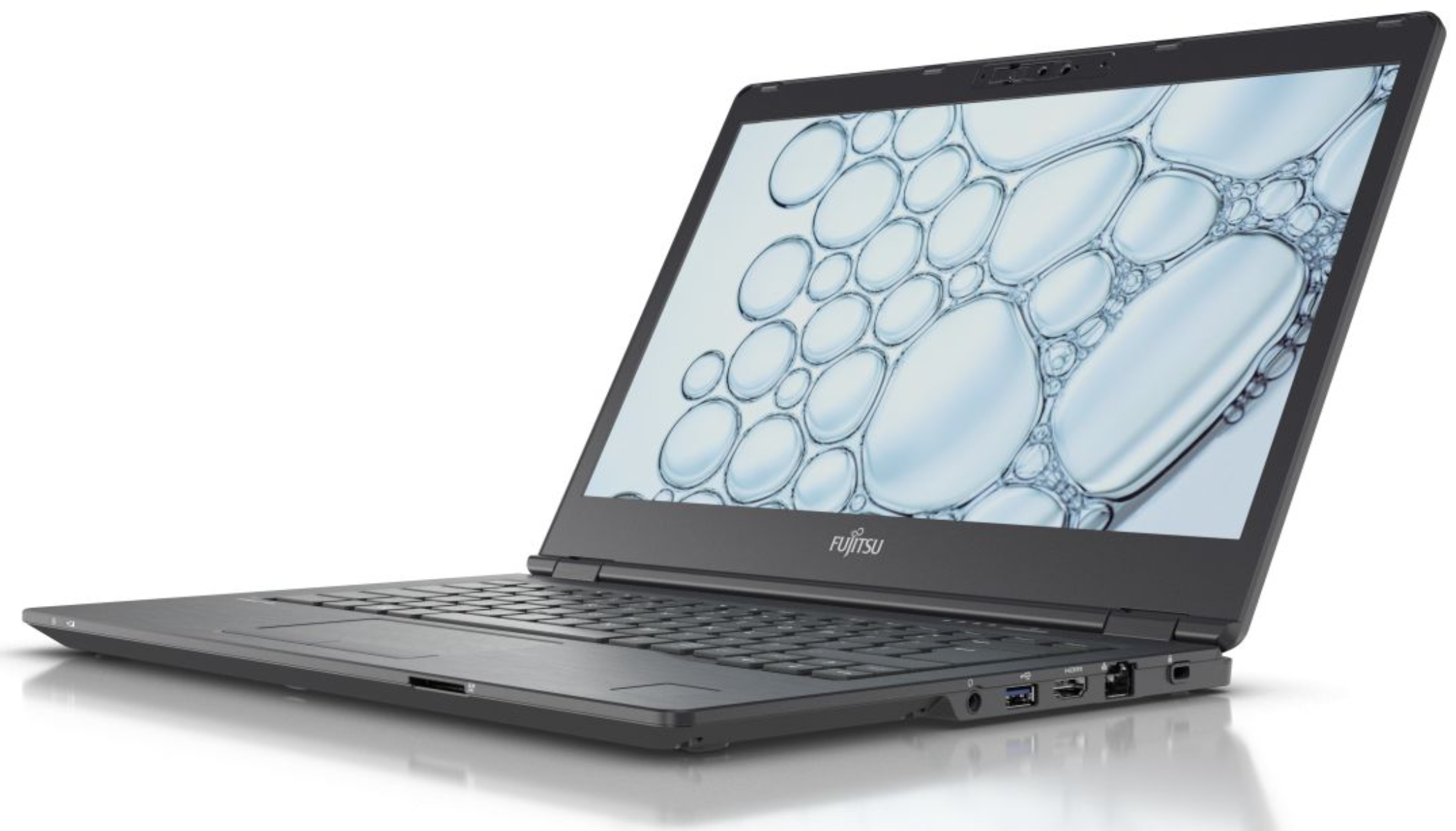 Ein offener, dunkler Fujitsu-Laptop mit Blasenmuster auf dem Bildschirm.