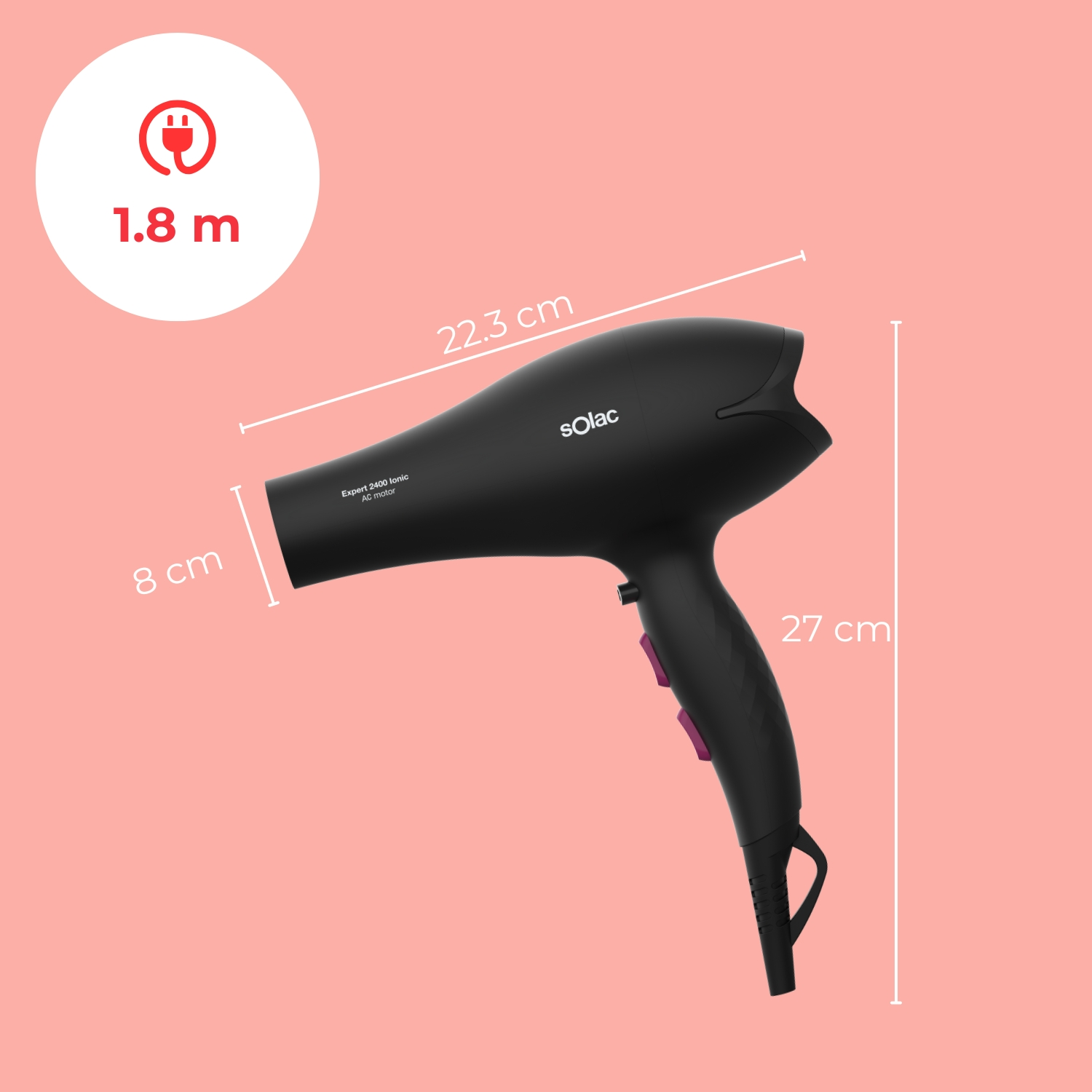 Secador de pelo negro con botones morados, 8cm ancho, 22,3cm largo, 27cm alto.