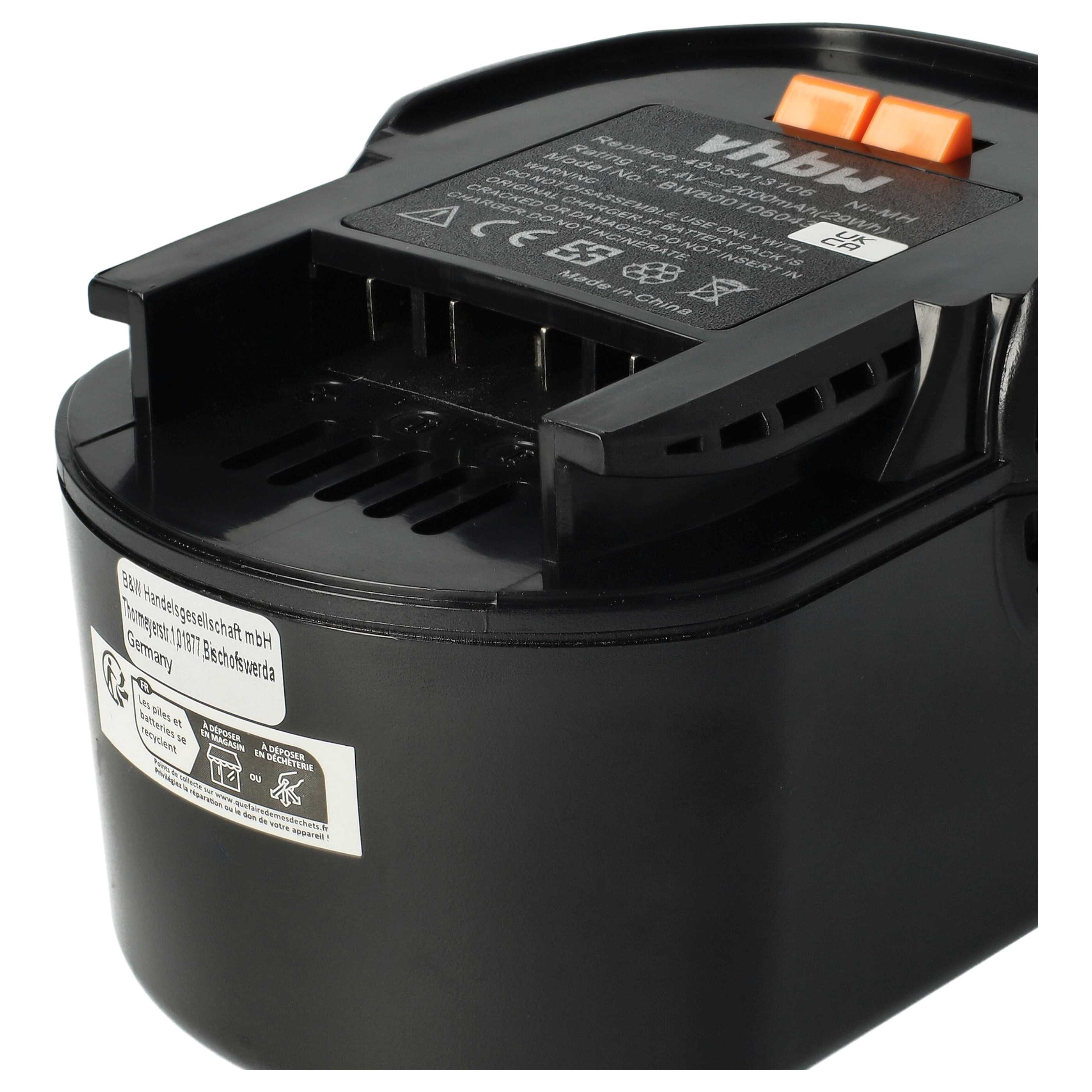 Schwarzer Lithium-Ionen-Akku mit orangefarbenen Entriegelungsknöpfen und Hinweisschildern.