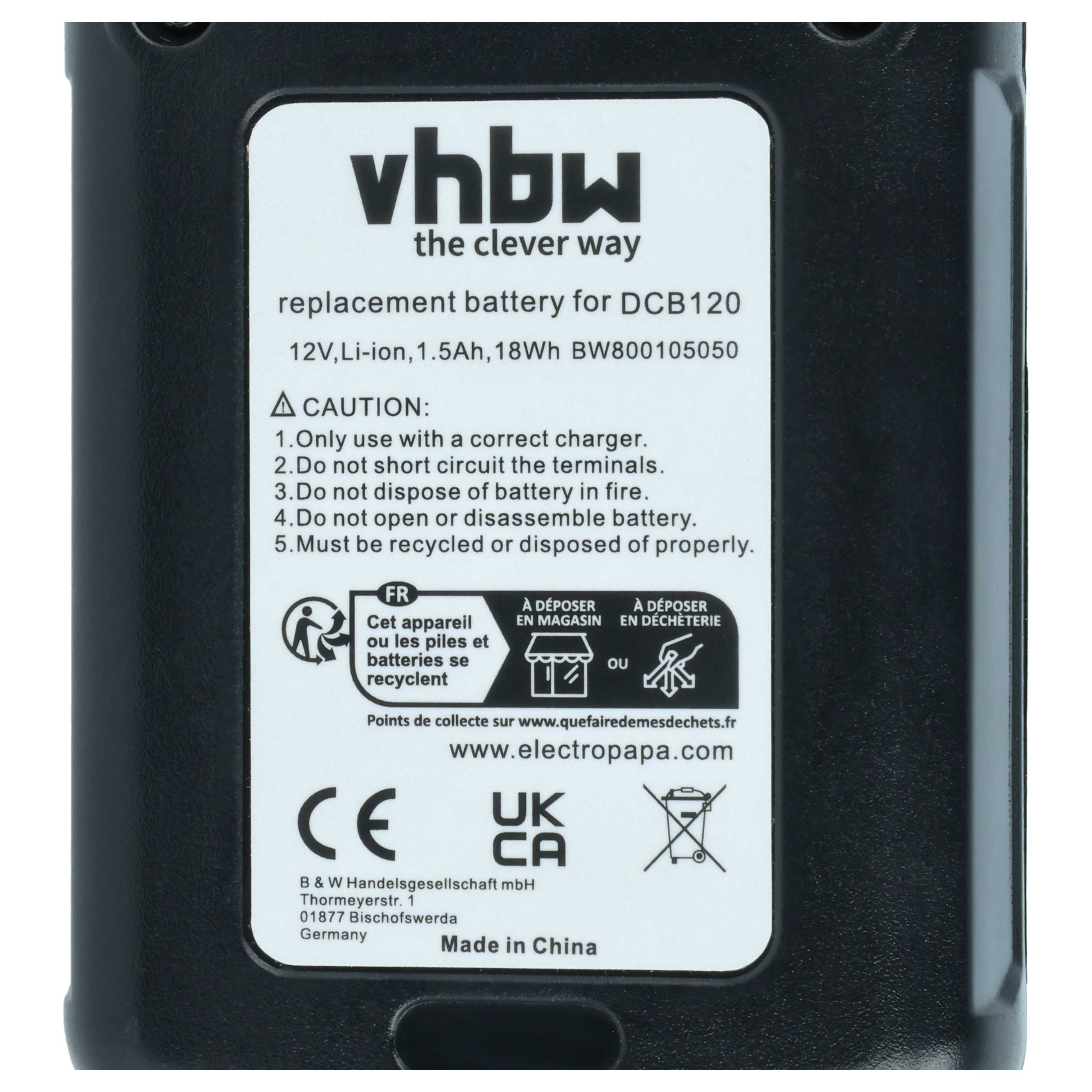 Schwarzer Akku mit weißen Aufklebern, Details: Vhbw, 12V Li-Ion, DCB120.