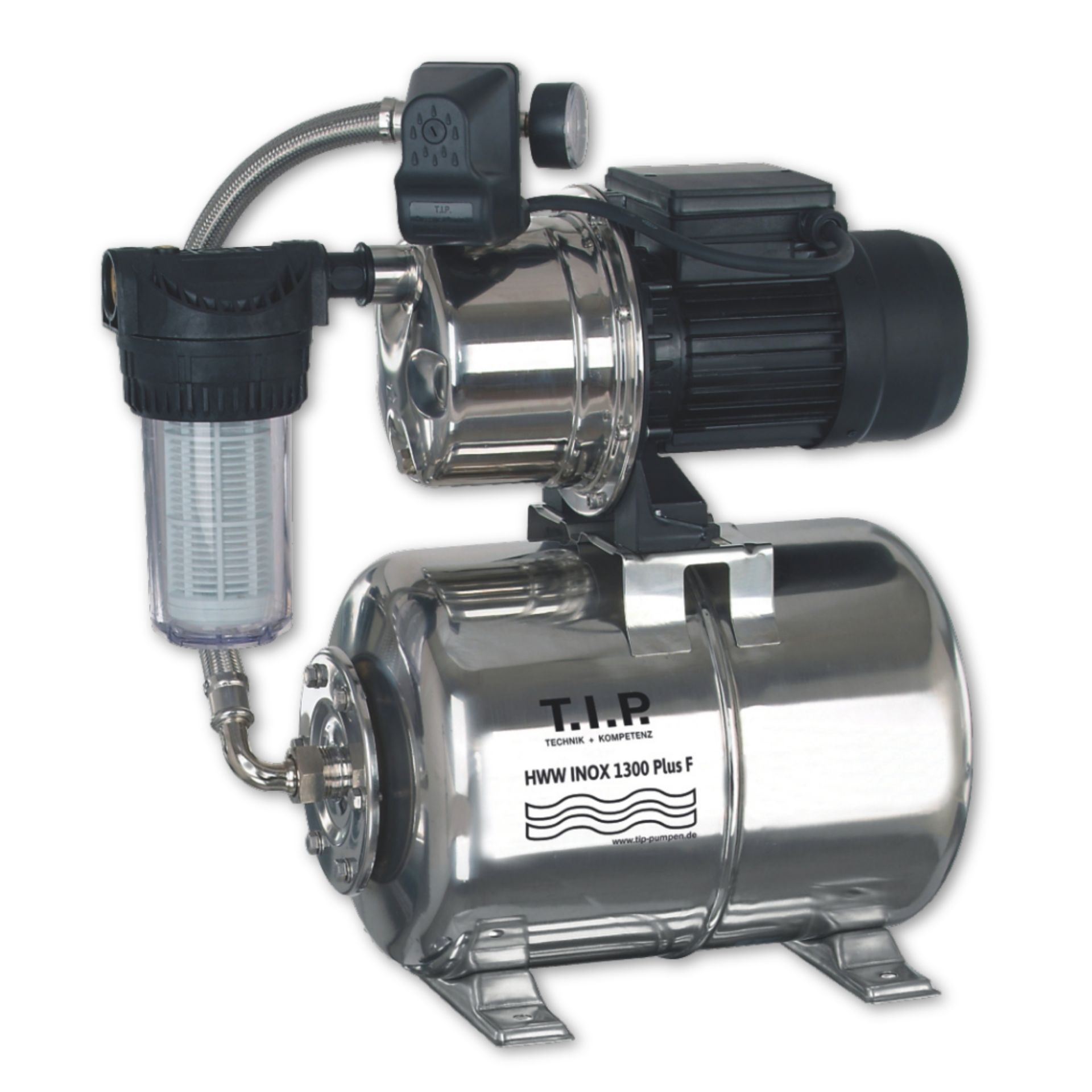 Ein silberner Wasserpumpenapparat mit schwarzem Motor und Filter.