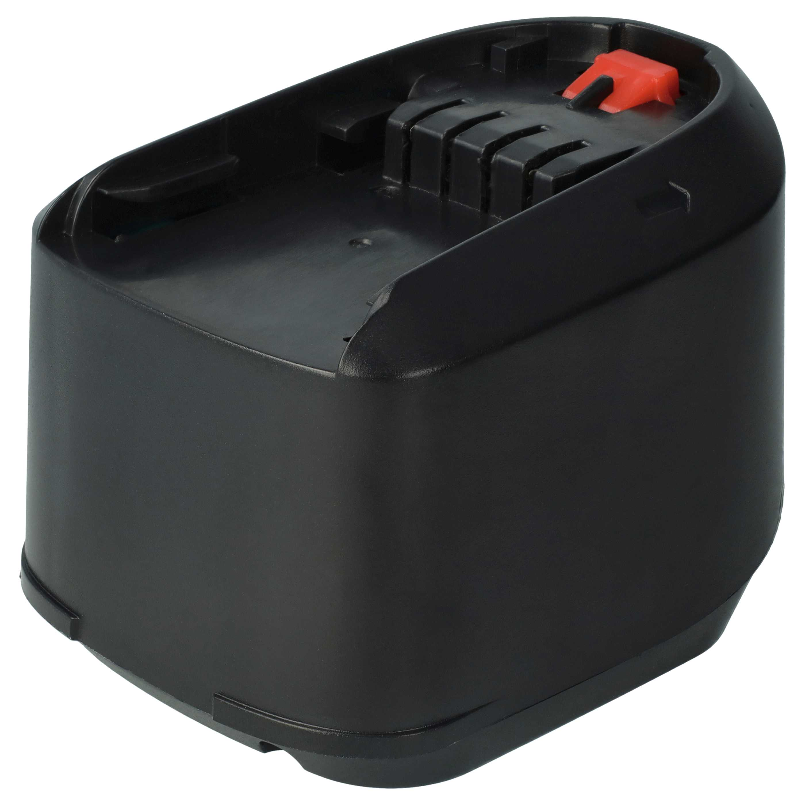 Ein schwarzer Batterieadapter mit einem roten Entriegelungshebel, weißer Hintergrund.