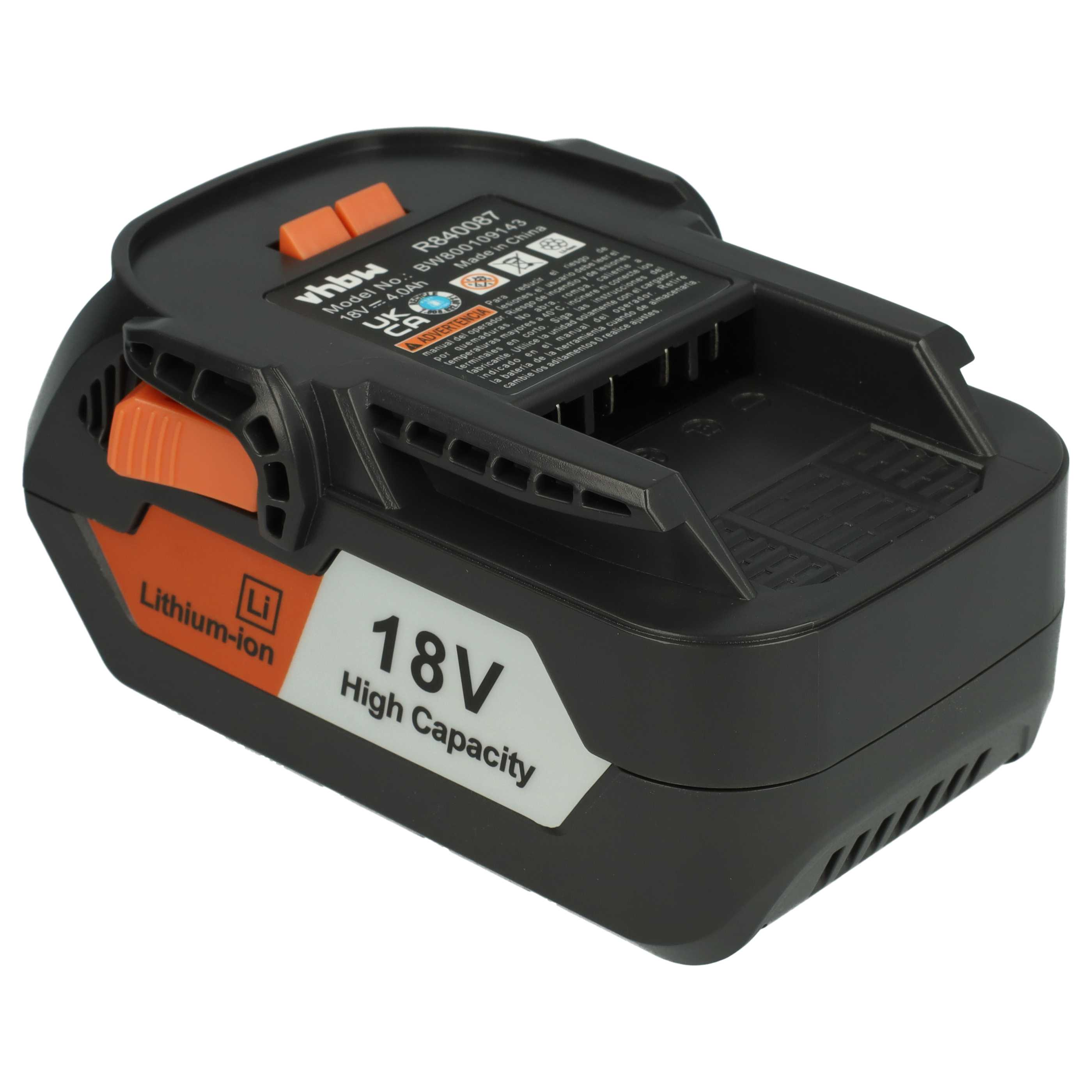 Schwarzer 18V Lithium-Ionen-Akku mit orangen Entriegelungsknöpfen.