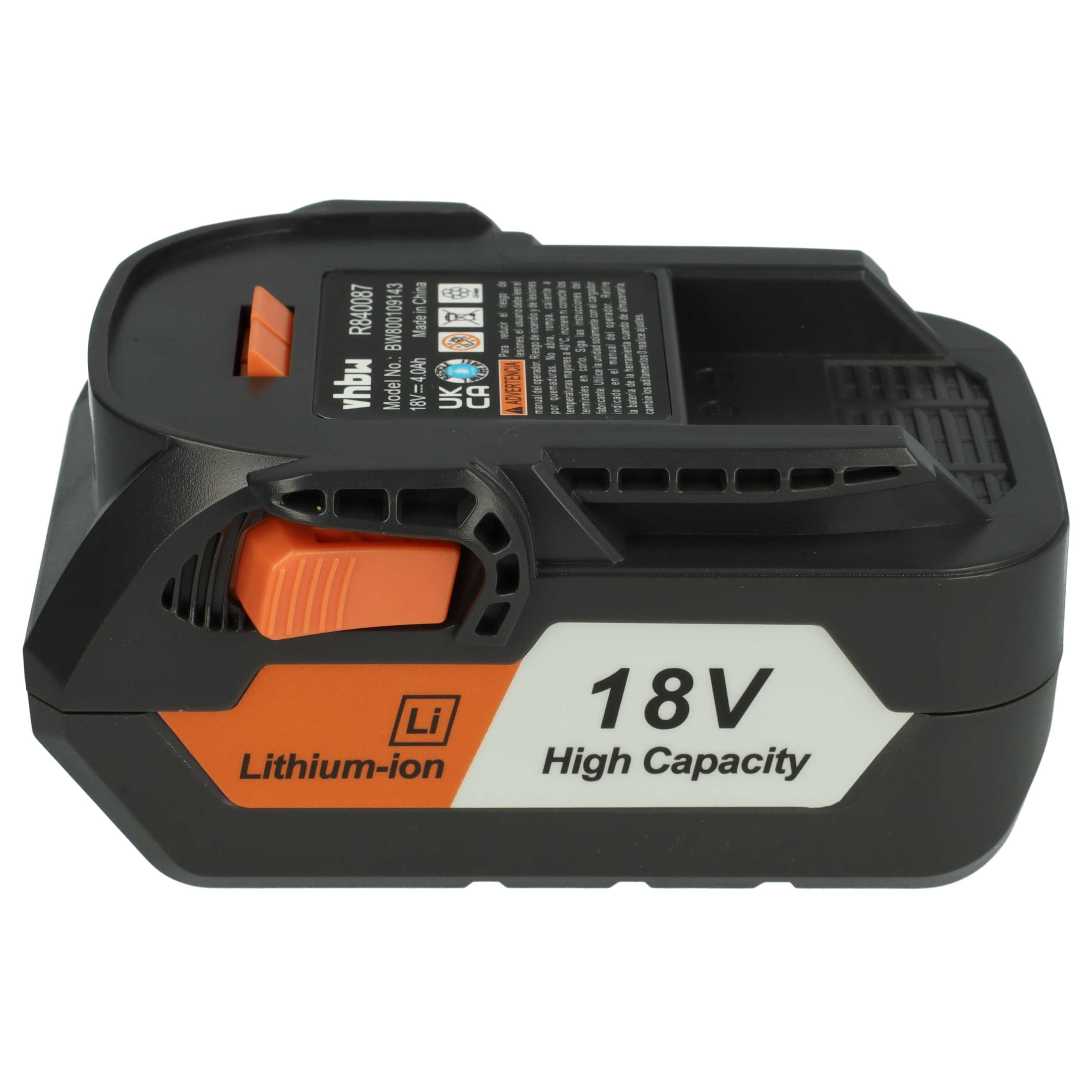Schwarzer 18V Lithium-Ionen-Akku mit orangefarbenen Details und Aufdrucken.
