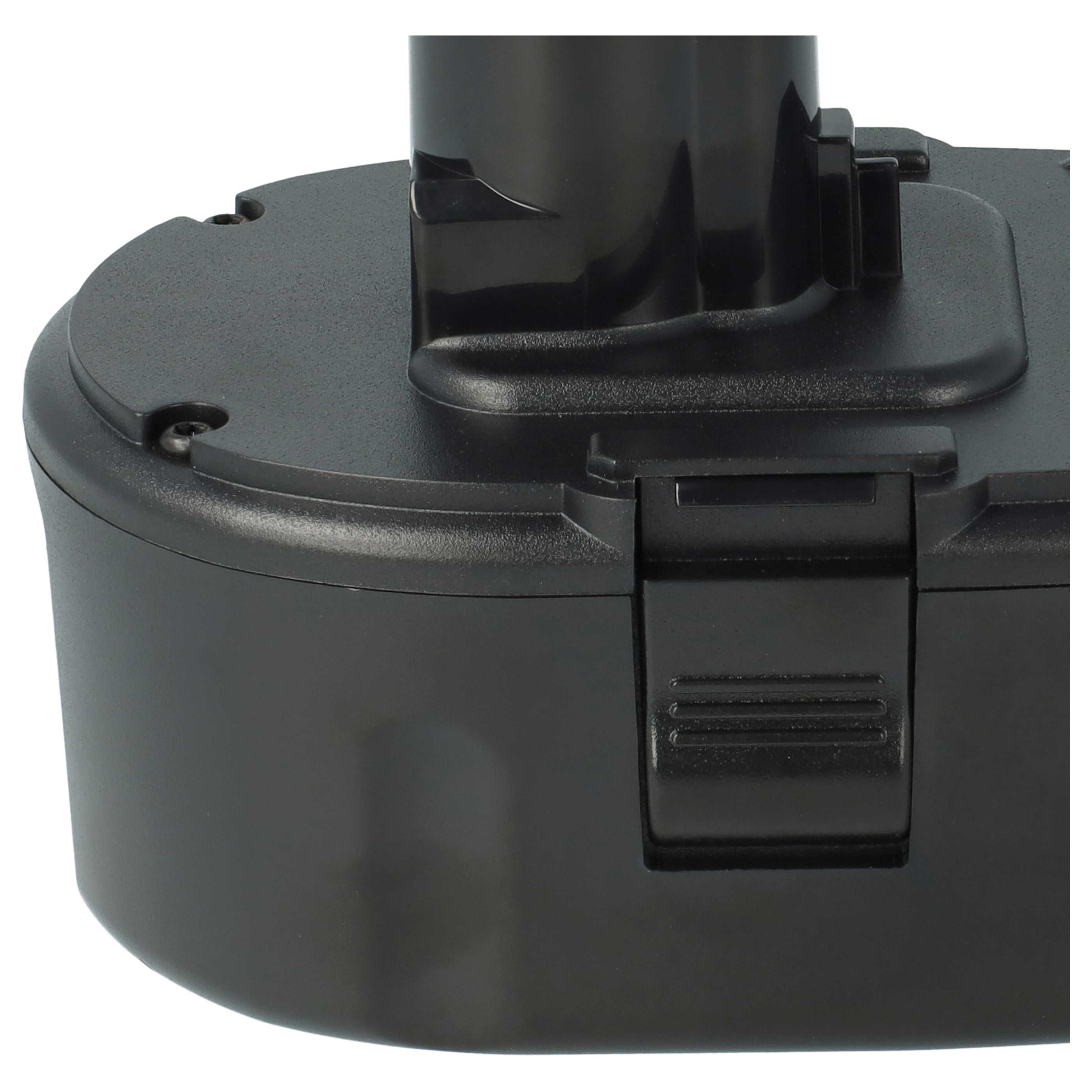 Schwarzer Akku mit Verriegelungsmechanismus, Nahaufnahme.