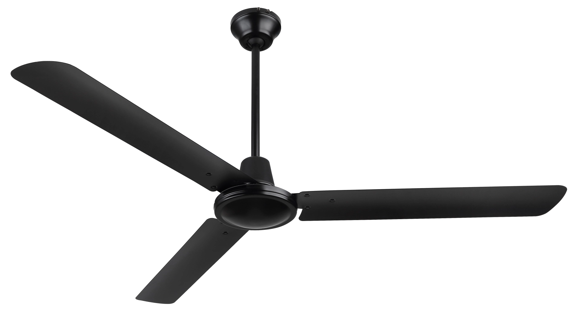 Una moderna ventola da soffitto nera a tre pale è mostrata su sfondo bianco.