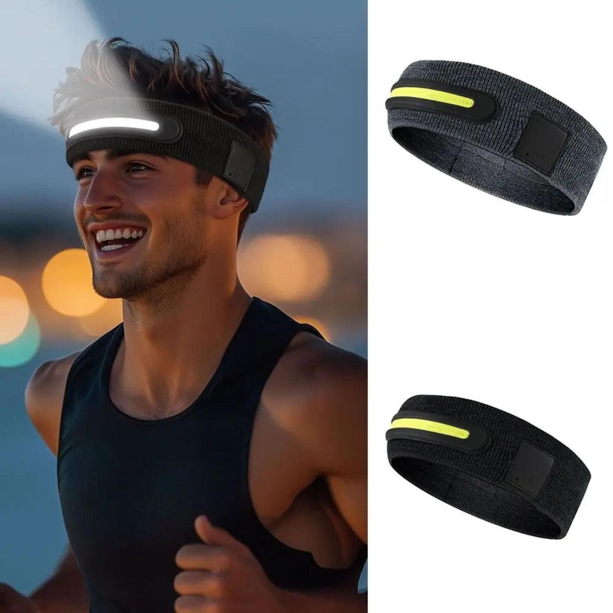 Ein Mann mit Stirnlampe läuft bei Nacht. Daneben zwei Stirnlampen.
