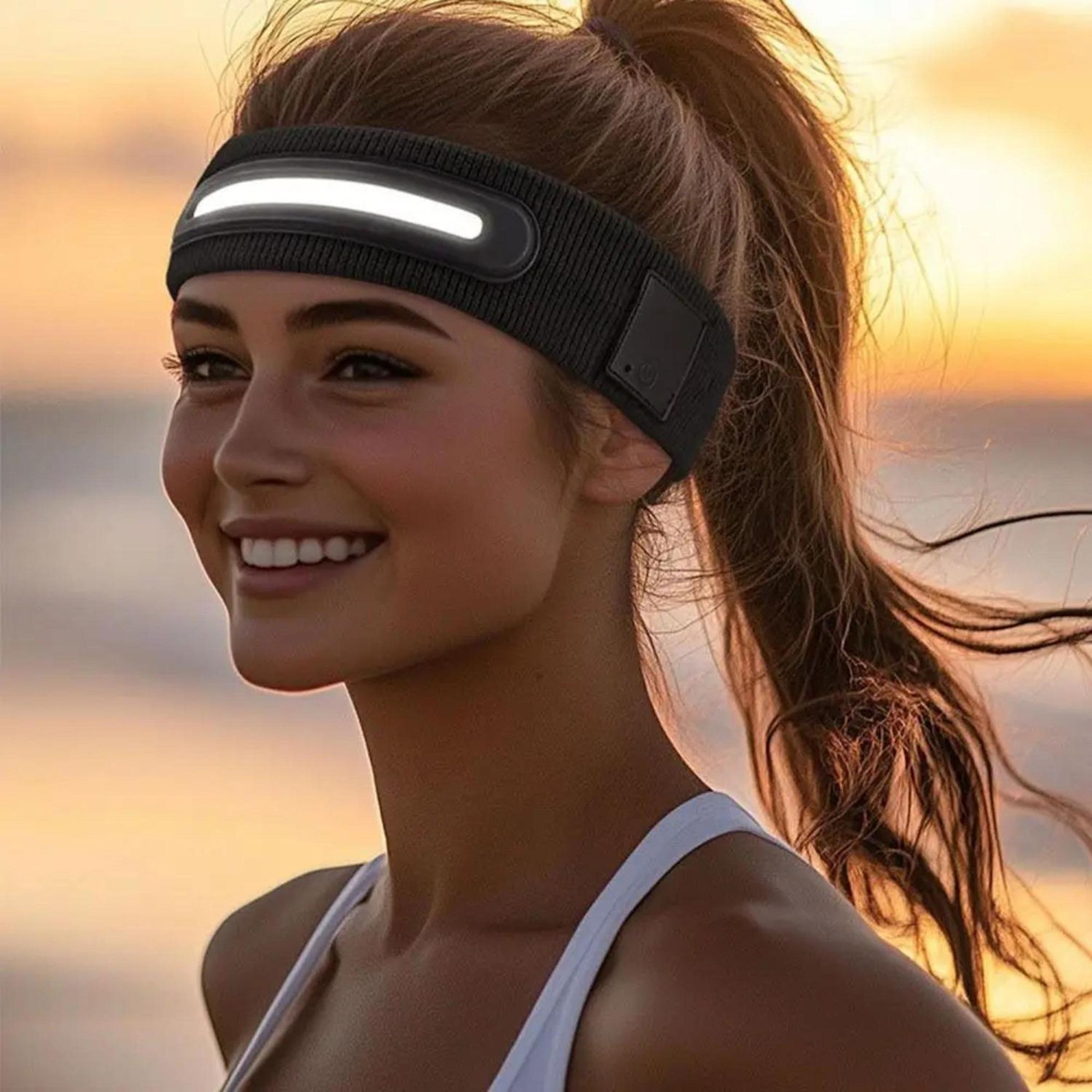 Eine lächelnde Frau mit einem Stirnband mit Licht im Sonnenuntergang.