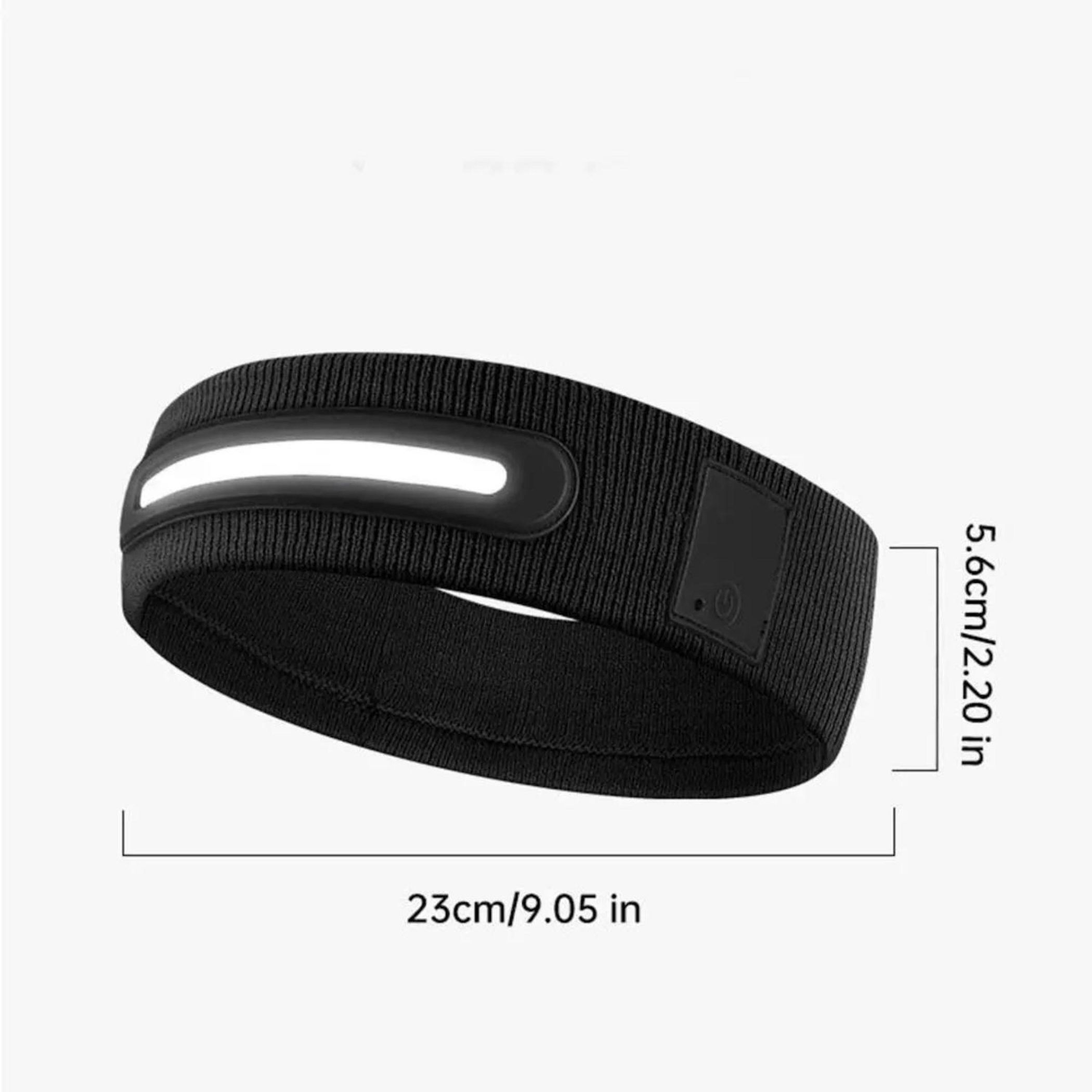 Schwarzes Stirnband mit LED-Licht und Maßangaben 23cm und 5.6cm.