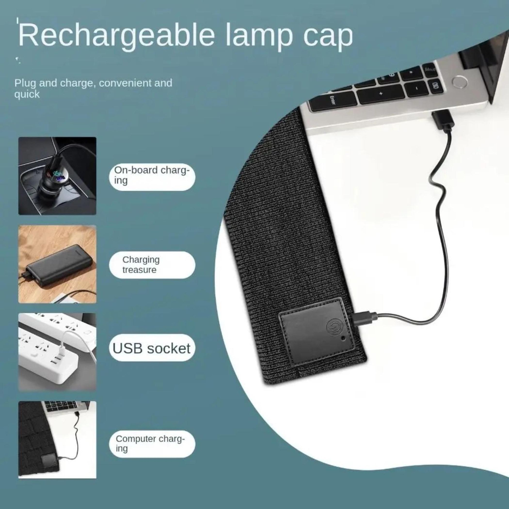 Wiederaufladbare Lampenkappe lädt über USB, verbunden mit Laptop, Auto, Powerbank und Steckdose.