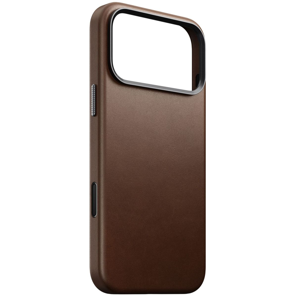Brązowe etui na telefon z wycięciem na aparat i bocznymi przyciskami.