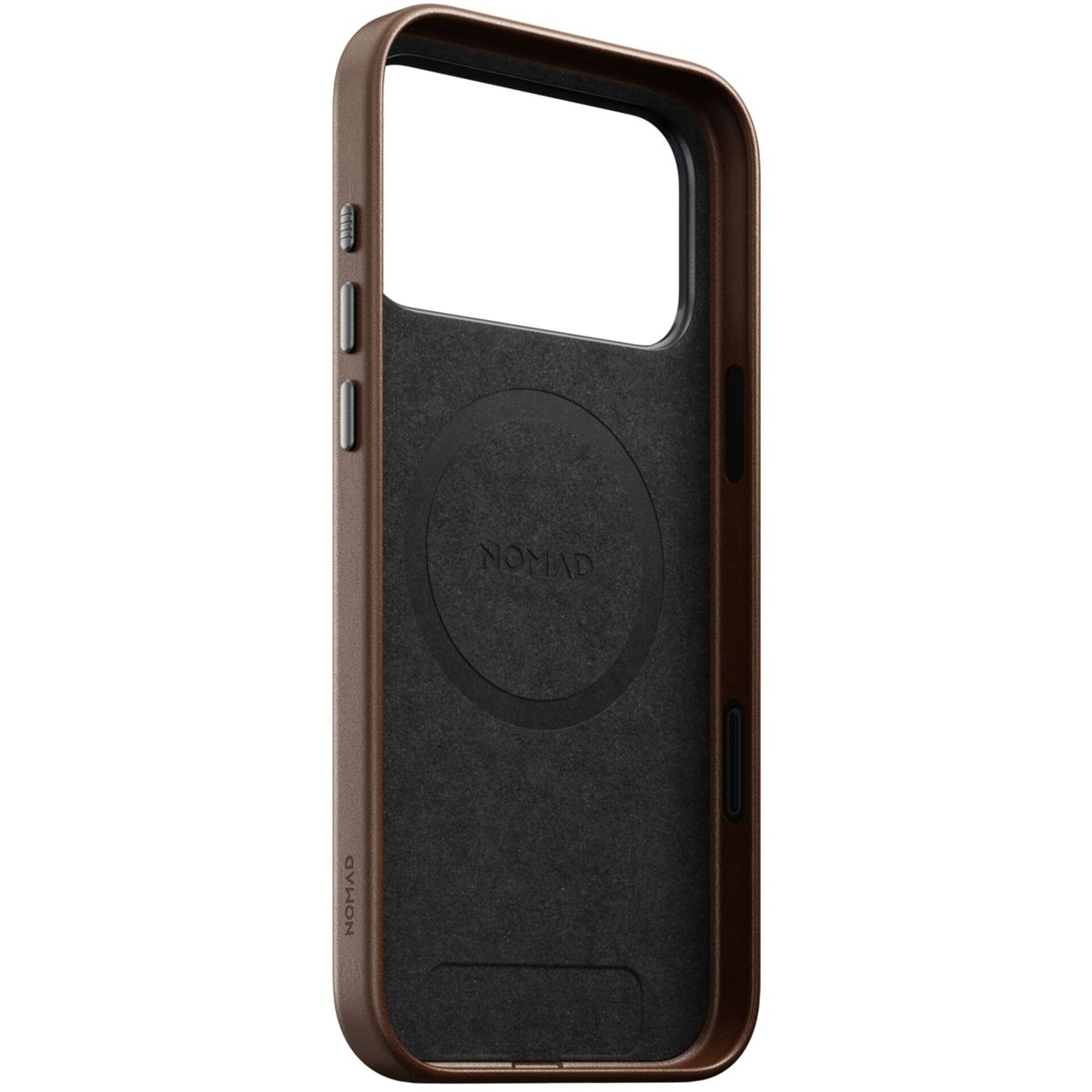 Brązowe etui na telefon z pierścieniem magnetycznym i logo Nomad. Biały tył.