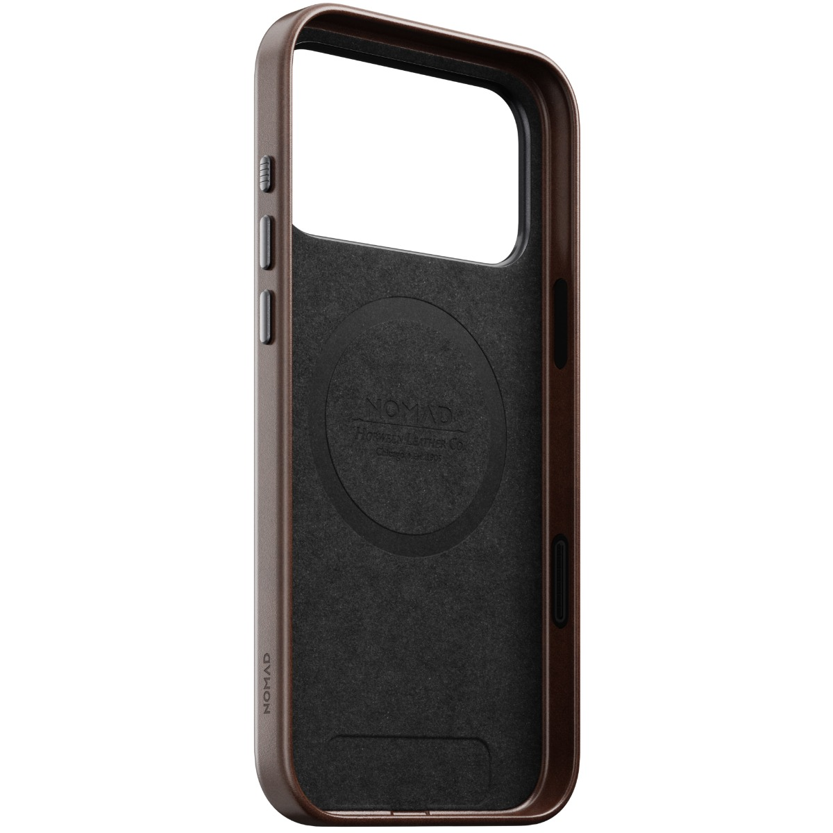 Brązowe etui na telefon z pierścieniem magnetycznym i logo, widok od wewnątrz.