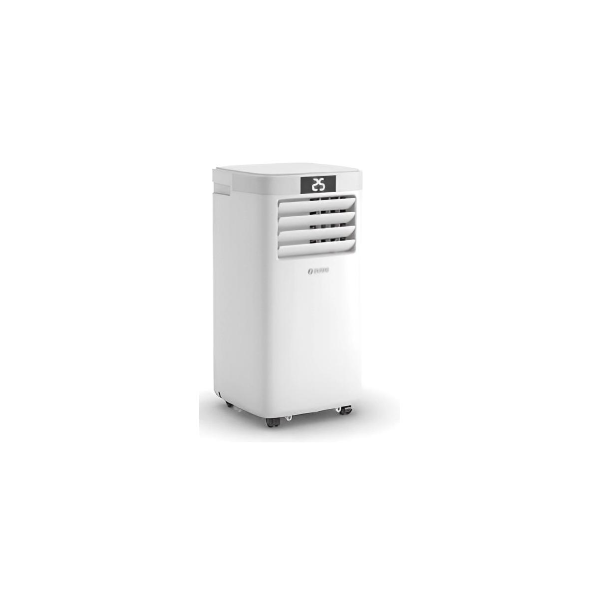 Een witte draagbare airconditioner met een digitaal display dat 25 graden aangeeft.