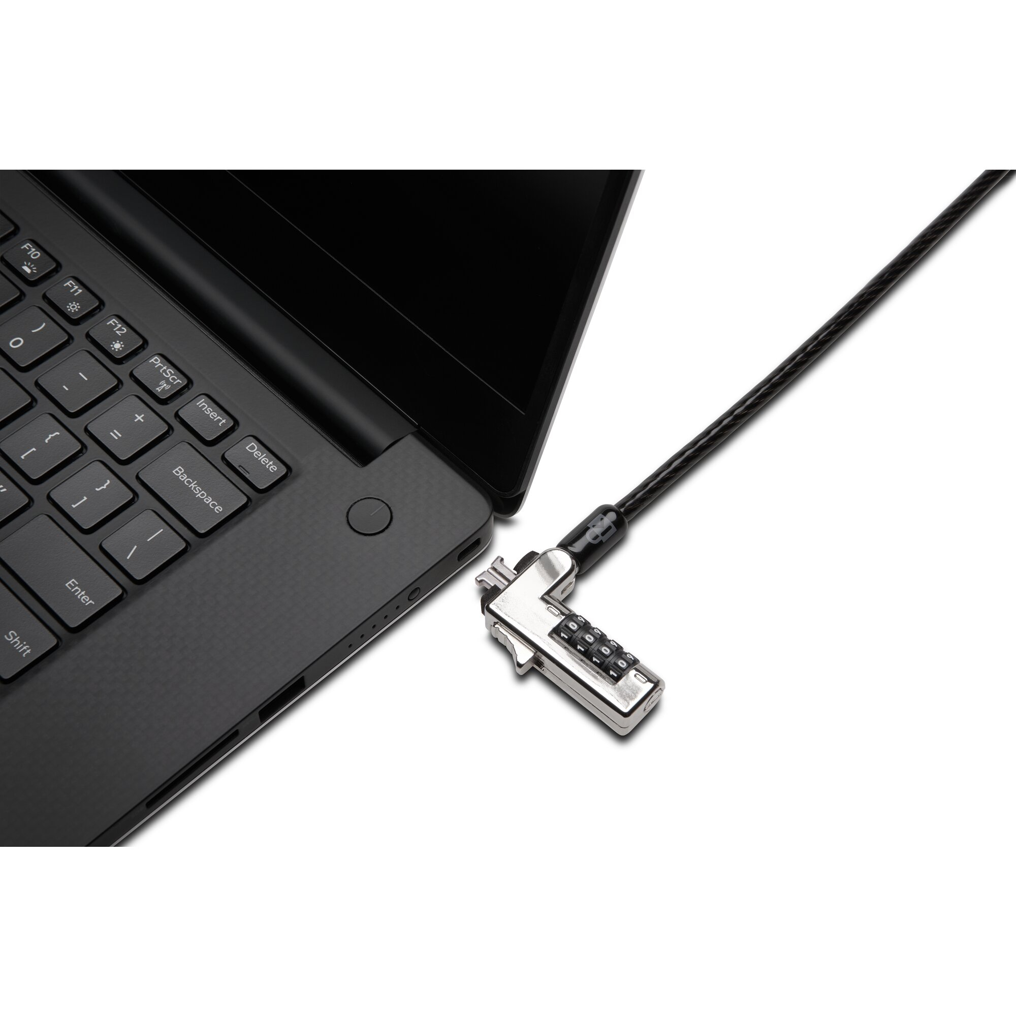 Tastiera del computer portatile con lucchetto a cavo argentato attaccato.