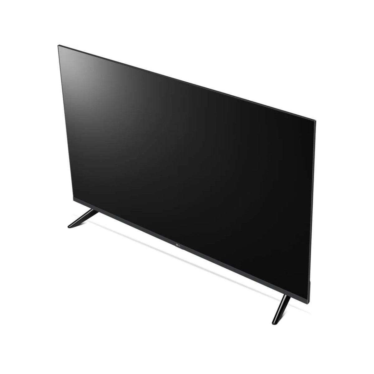 Ein schwarzer Flachbildfernseher mit zwei Standfüßen auf weißem Hintergrund.